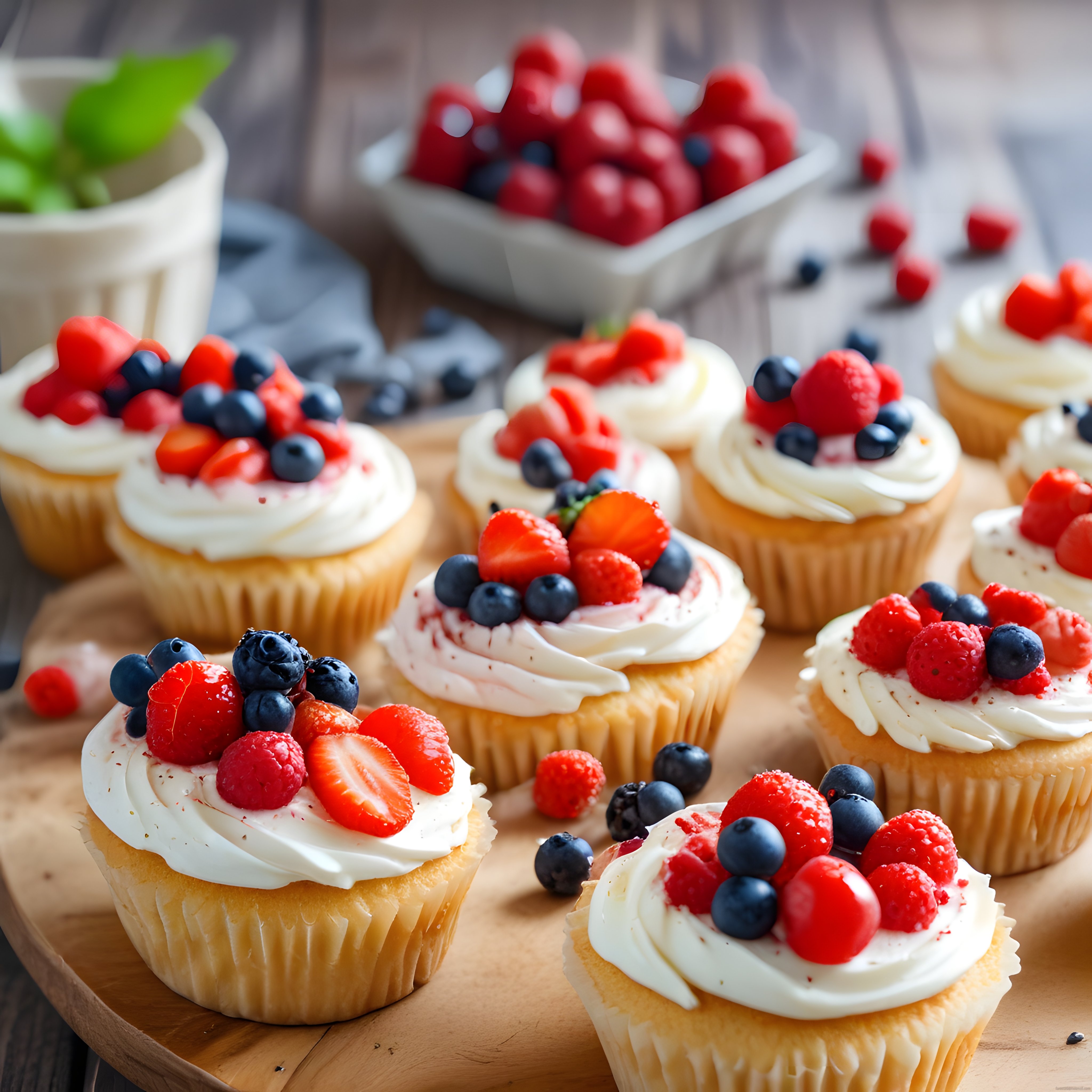 taze orman meyveleriyle süslenmiş nefis kremalı cupcakeler tatlı sunum
