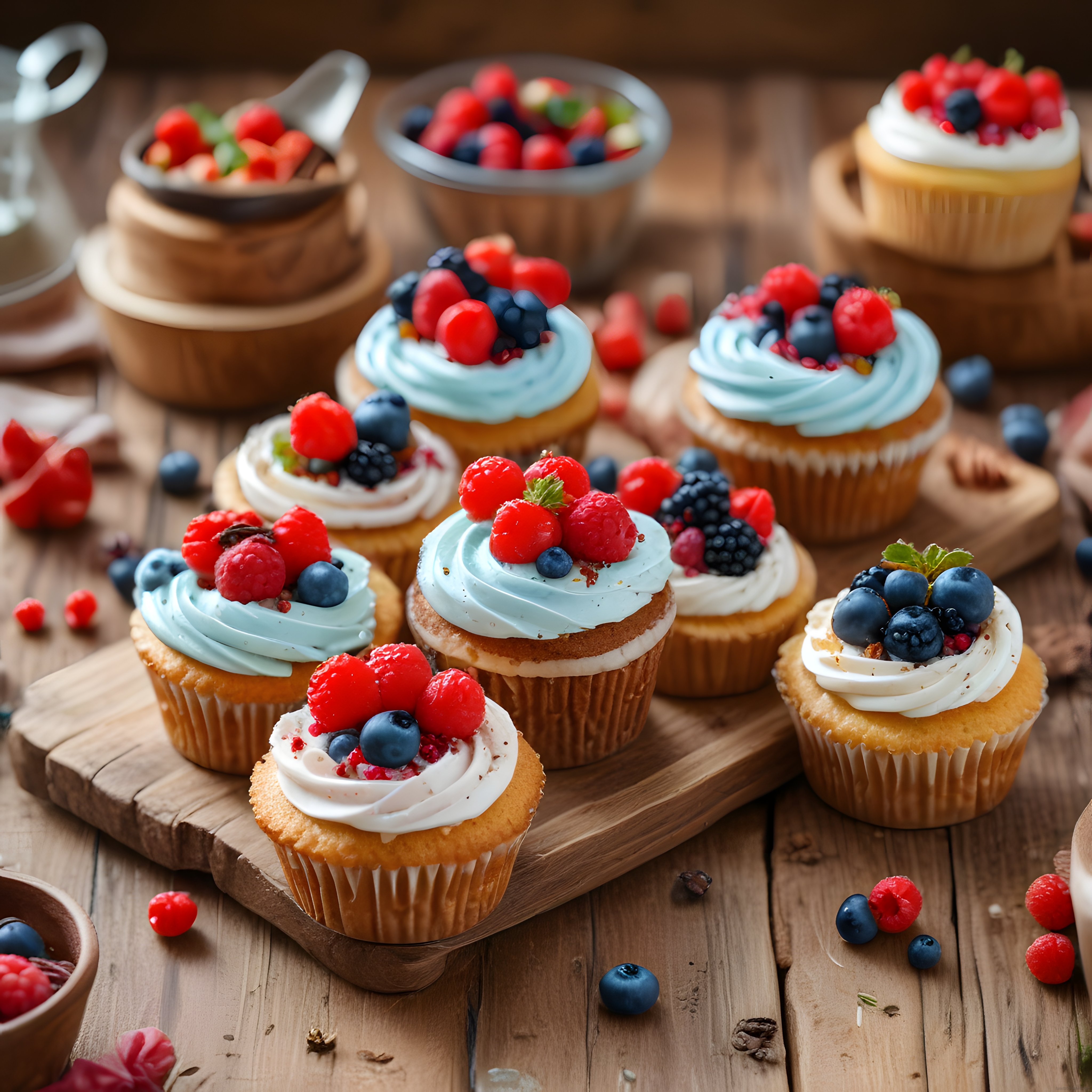 Taze Orman Meyveleriyle Süslenmiş Renkli Cupcake Koleksiyonu Rustik Masada