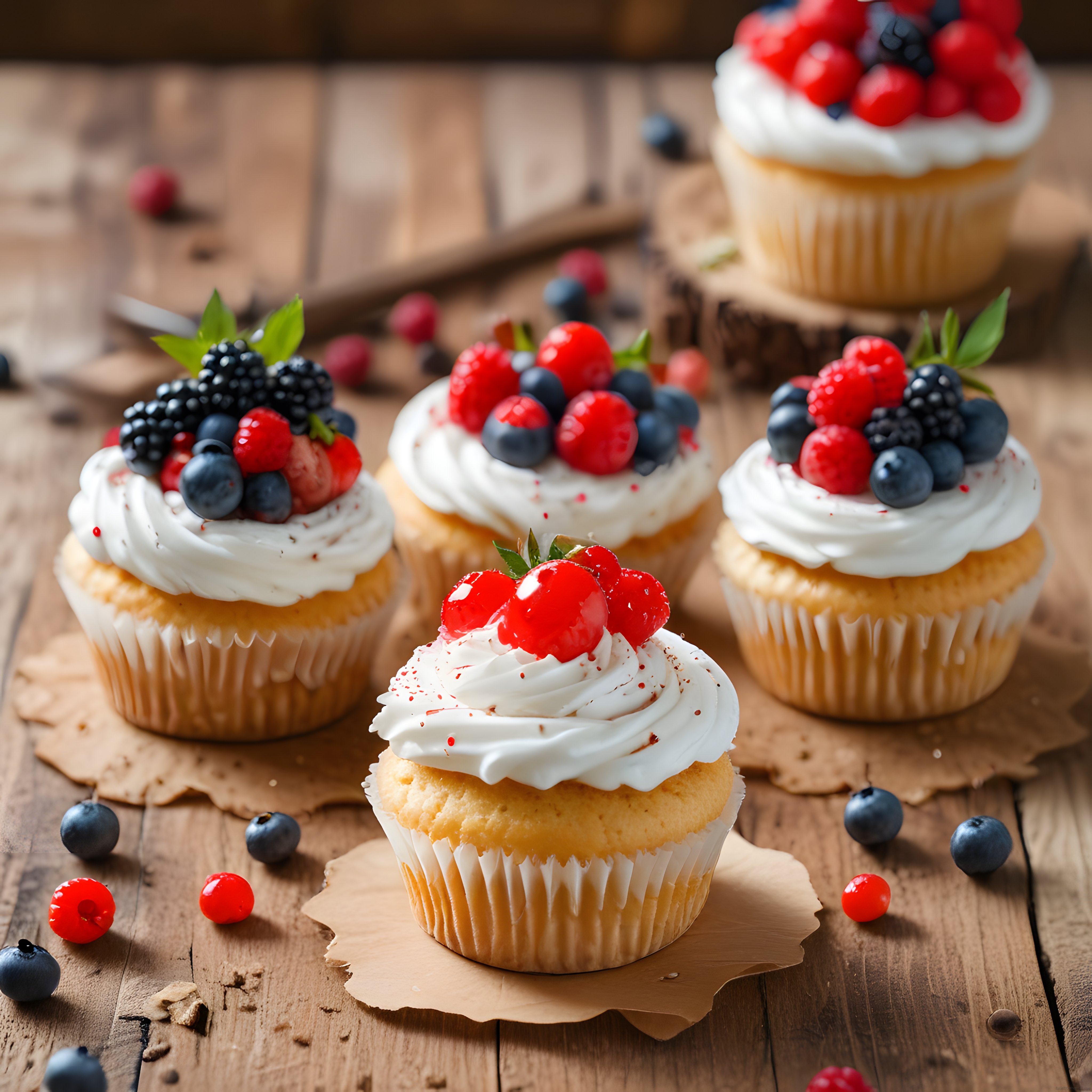 Taze Orman Meyveleriyle Süslü Ev Yapımı Cupcake'ler Rustik Ahşap Masada