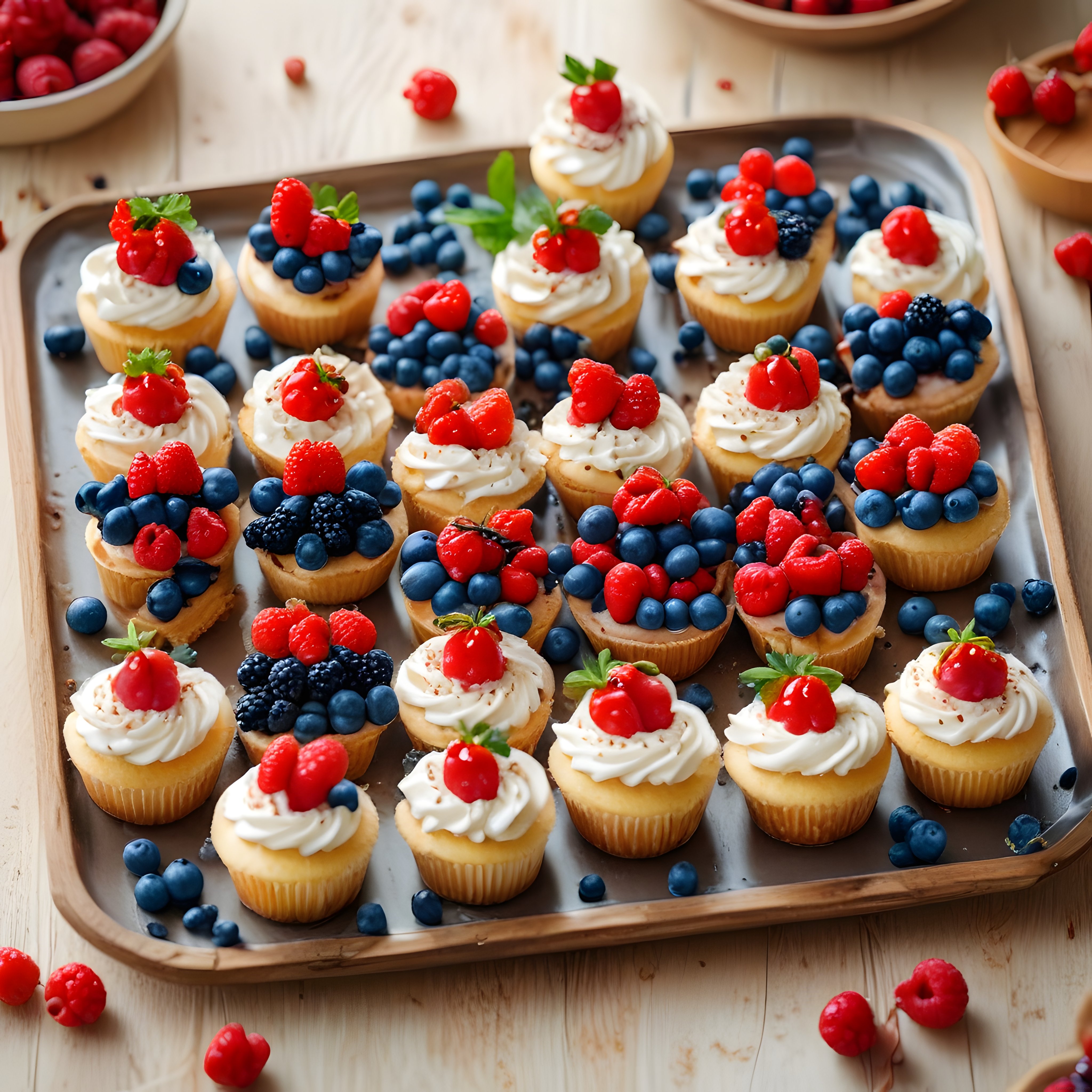 Taze Orman Meyveleriyle Süslü Kremalı Mini Cheesecake Cupcake'ler Ahşap Sunumda