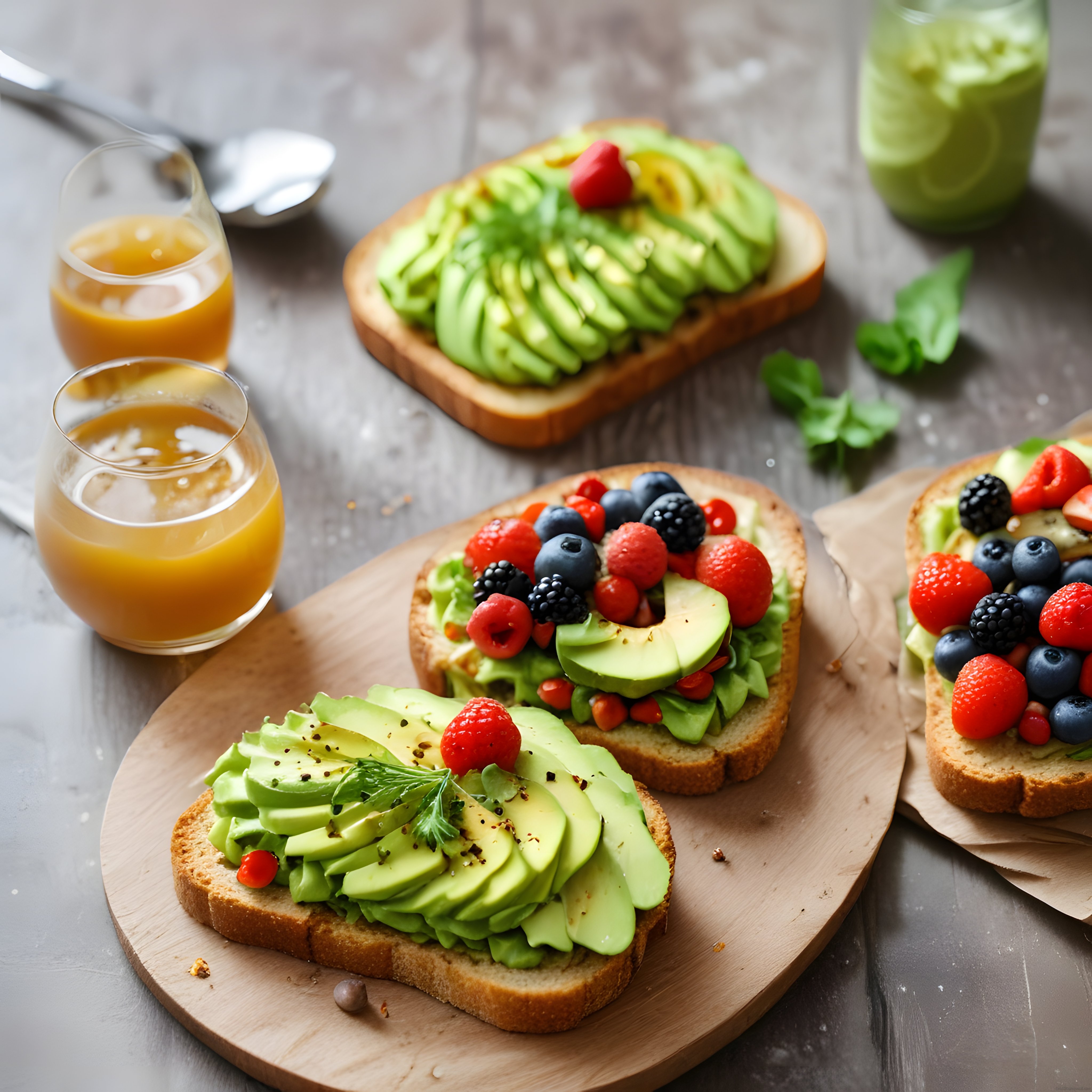 Taze Orman Meyveli Avokado Tost ve Glütensiz Ekmek Üzerinde Sağlıklı Kahvaltı