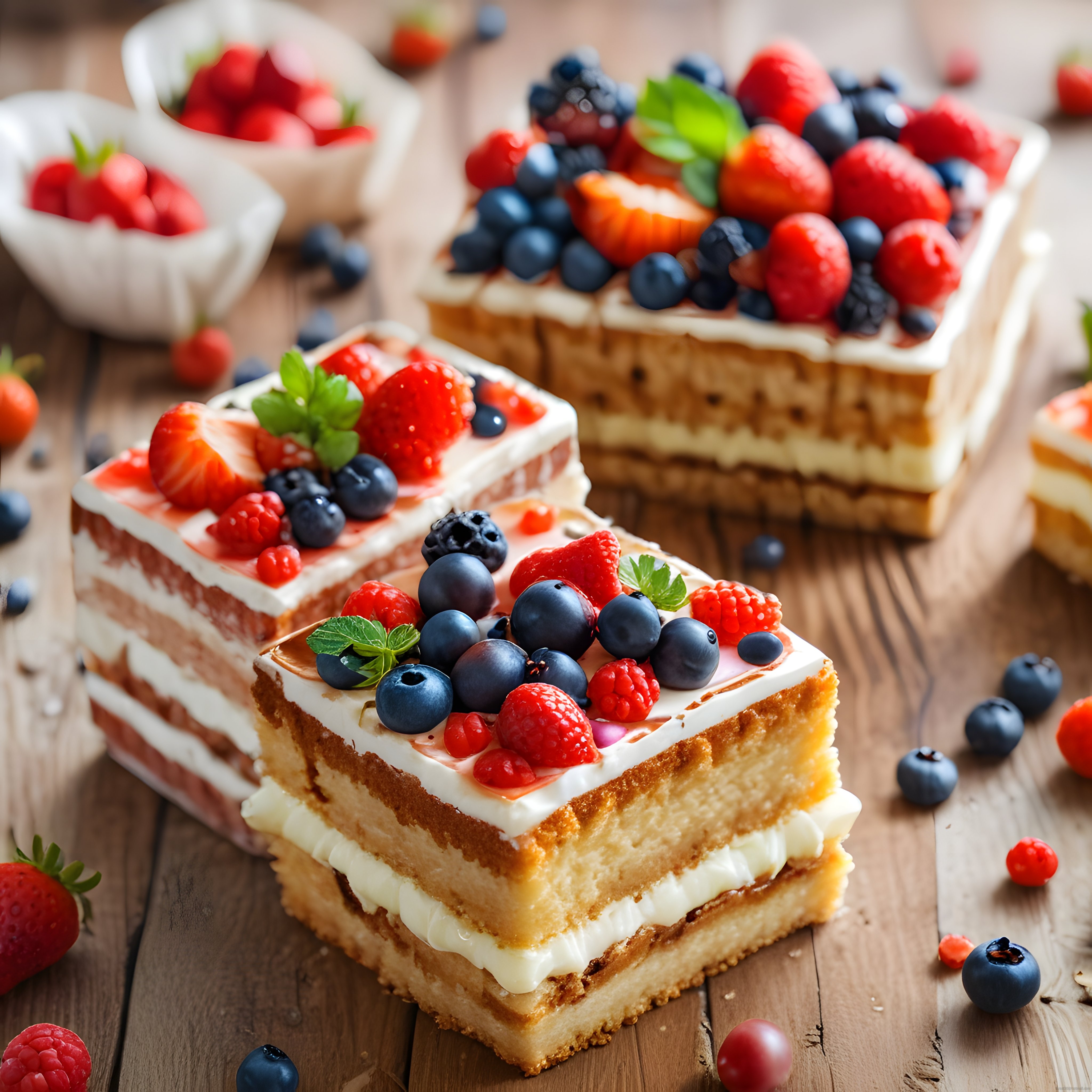 Taze Orman Meyveli Kremalı Katmanlı Pasta Dilimleri ve Rustik Ahşap Sunum