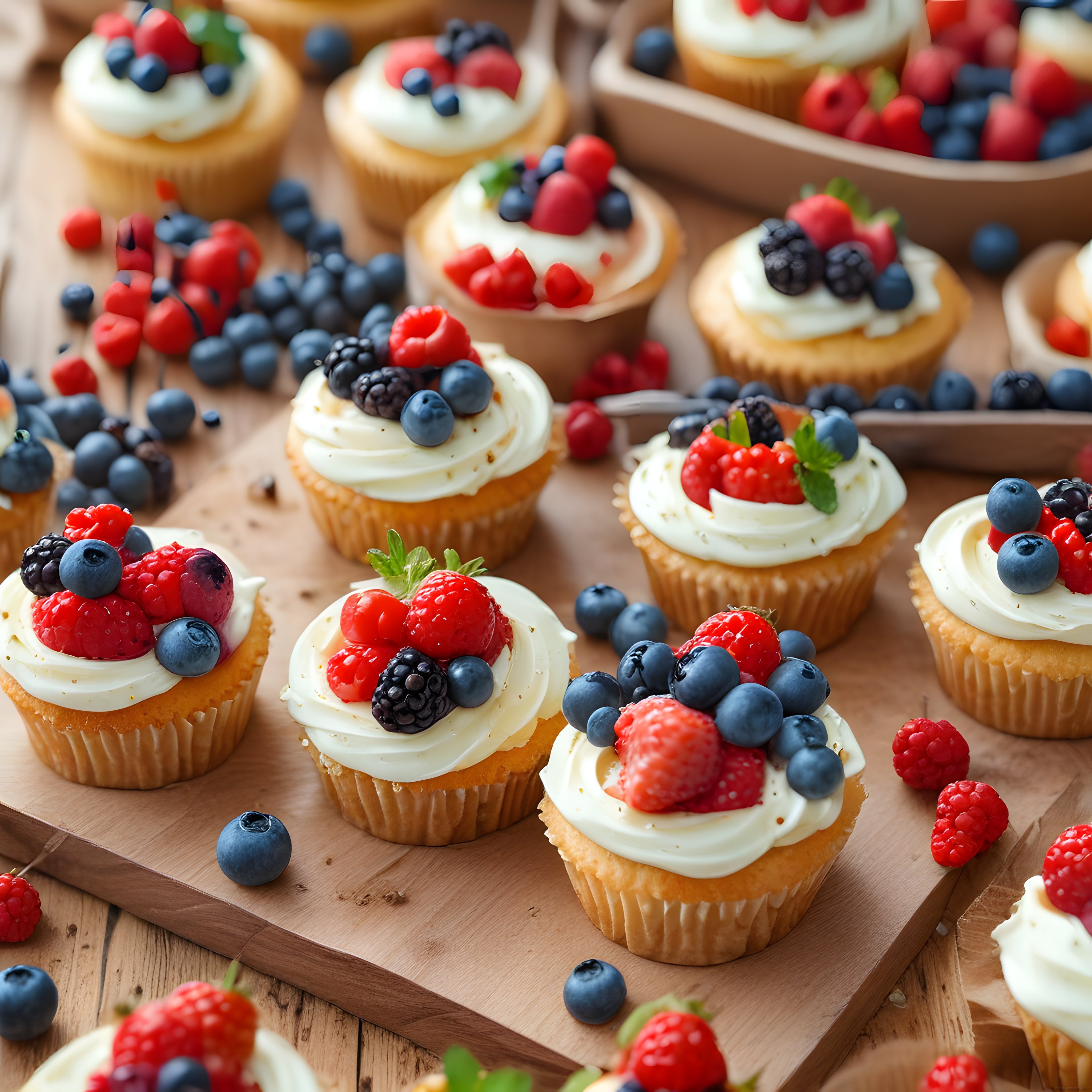 Taze Orman Meyveli ve Krema Süslemeli Cupcake Kekler: Leziz Tatlı Sunumu