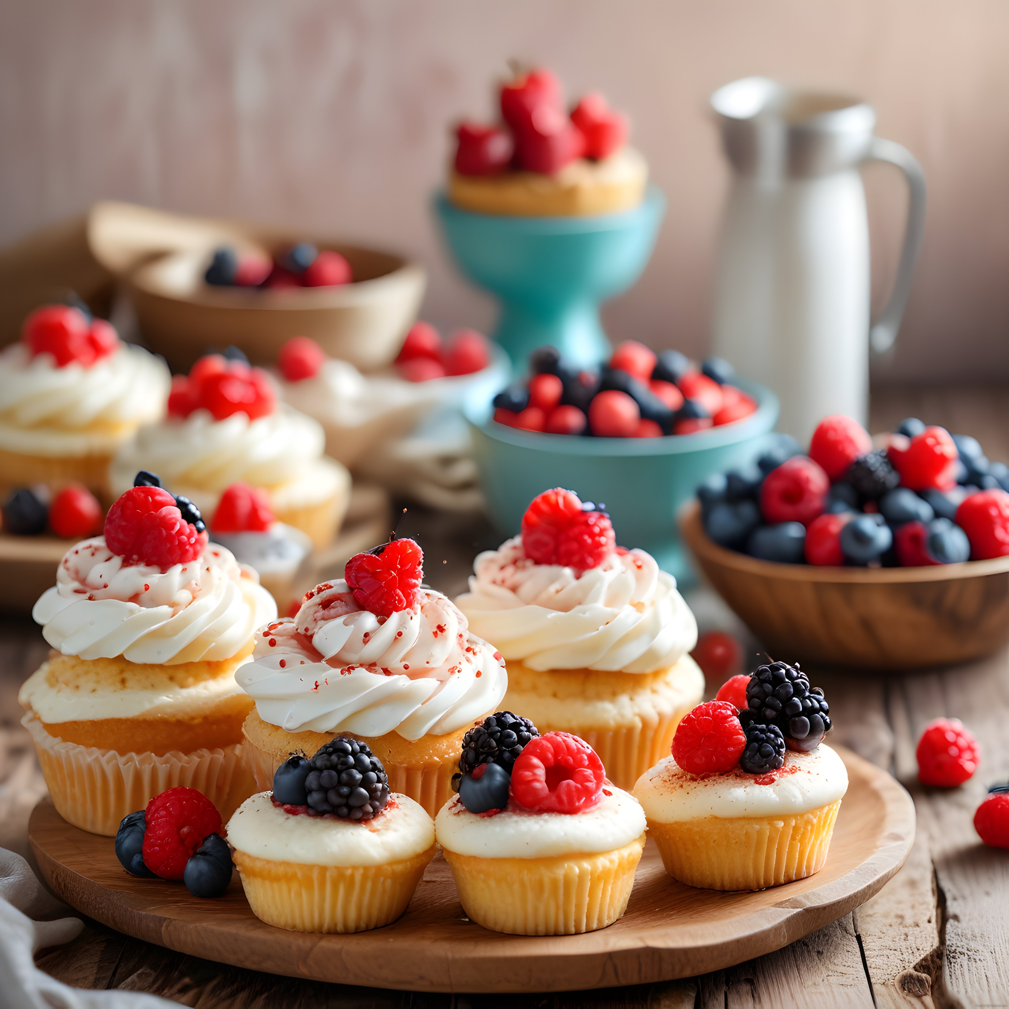 Taze Orman Meyveli ve Krema Süslü Cupcake'ler: Ev Yapımı Tatlı Sunum