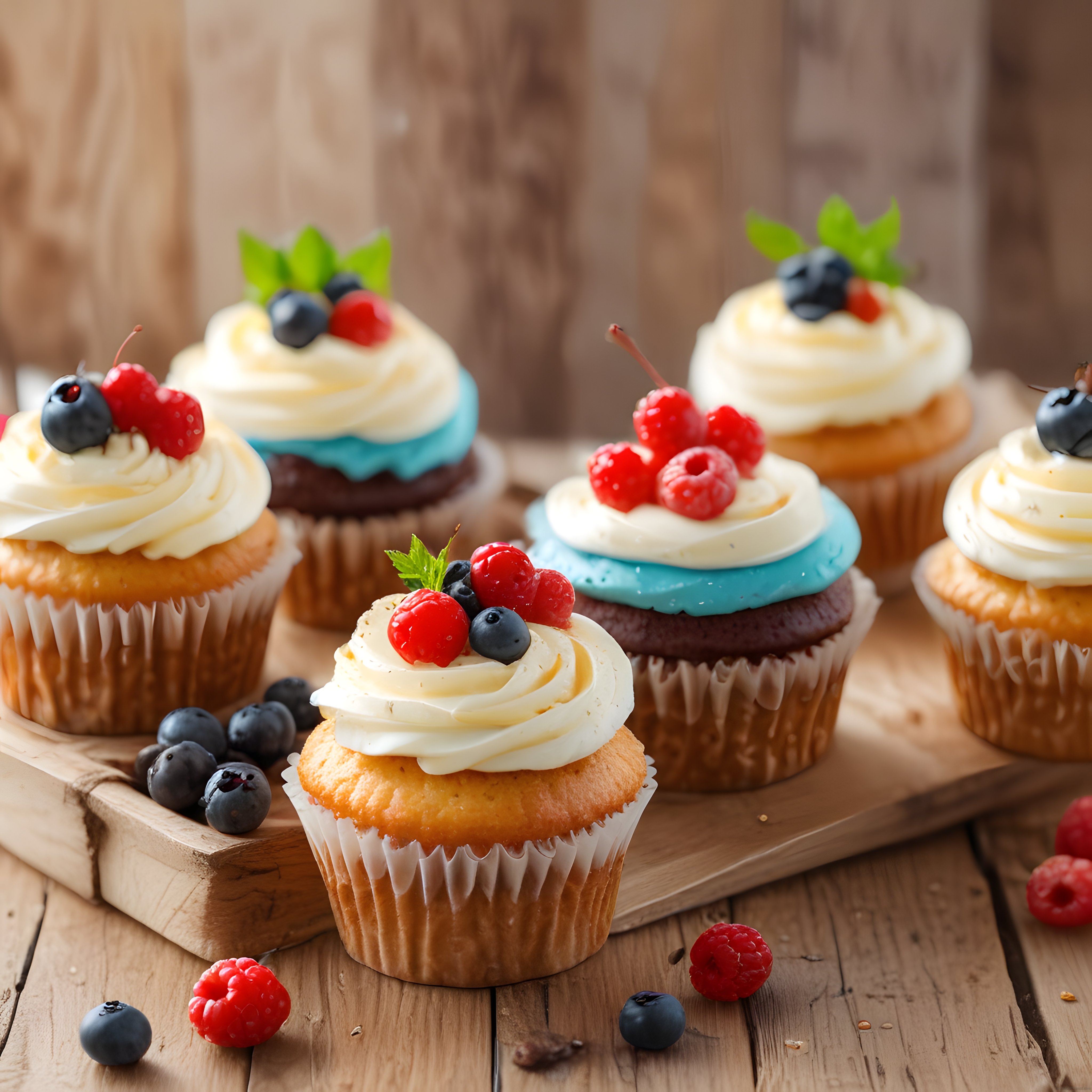 Taze Orman Meyveli ve Krema Süslü Cupcakeler: Rustik Ahşap Sunum