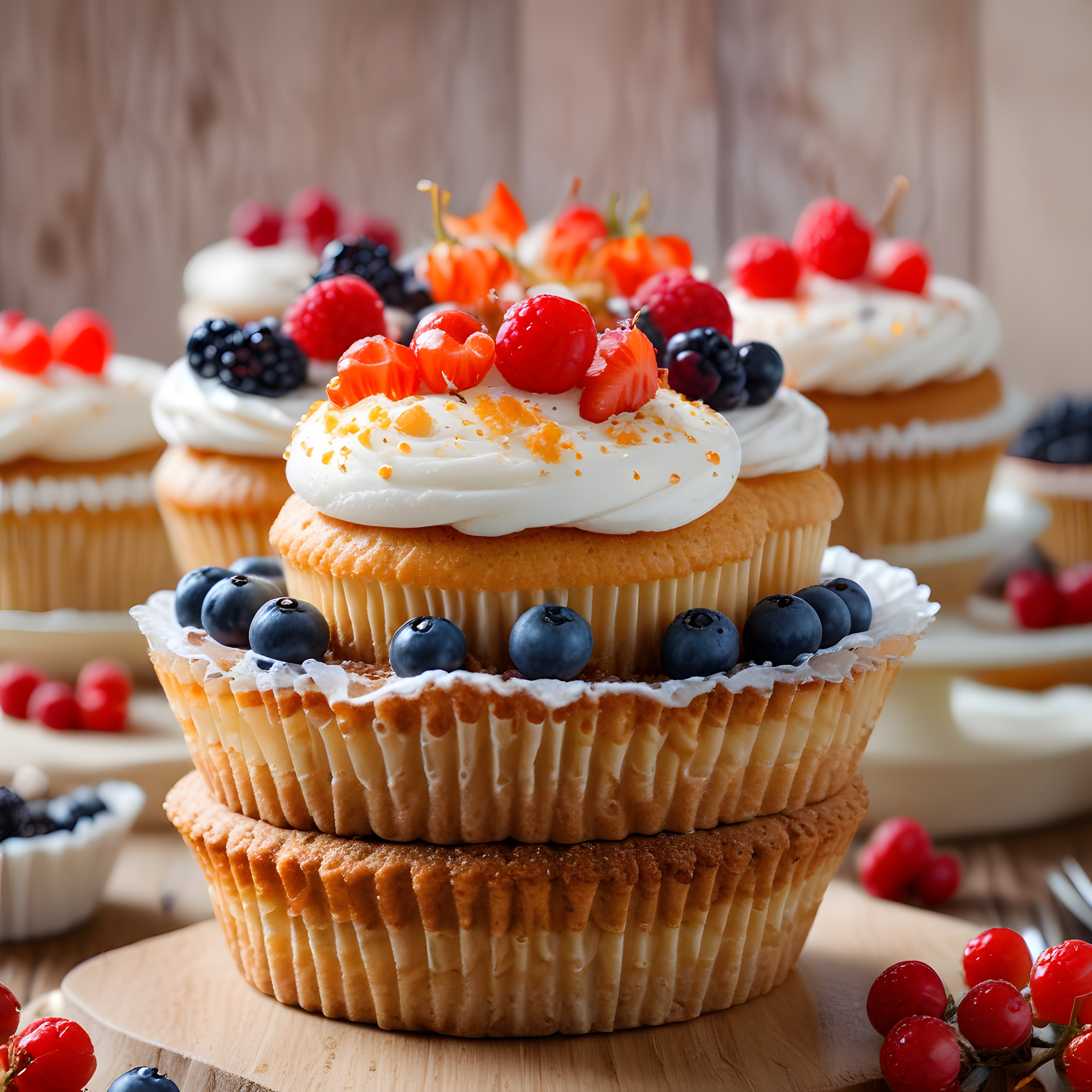 Taze Orman Meyveli ve Kremalı Cupcake Kulesi: Rustik Sunum