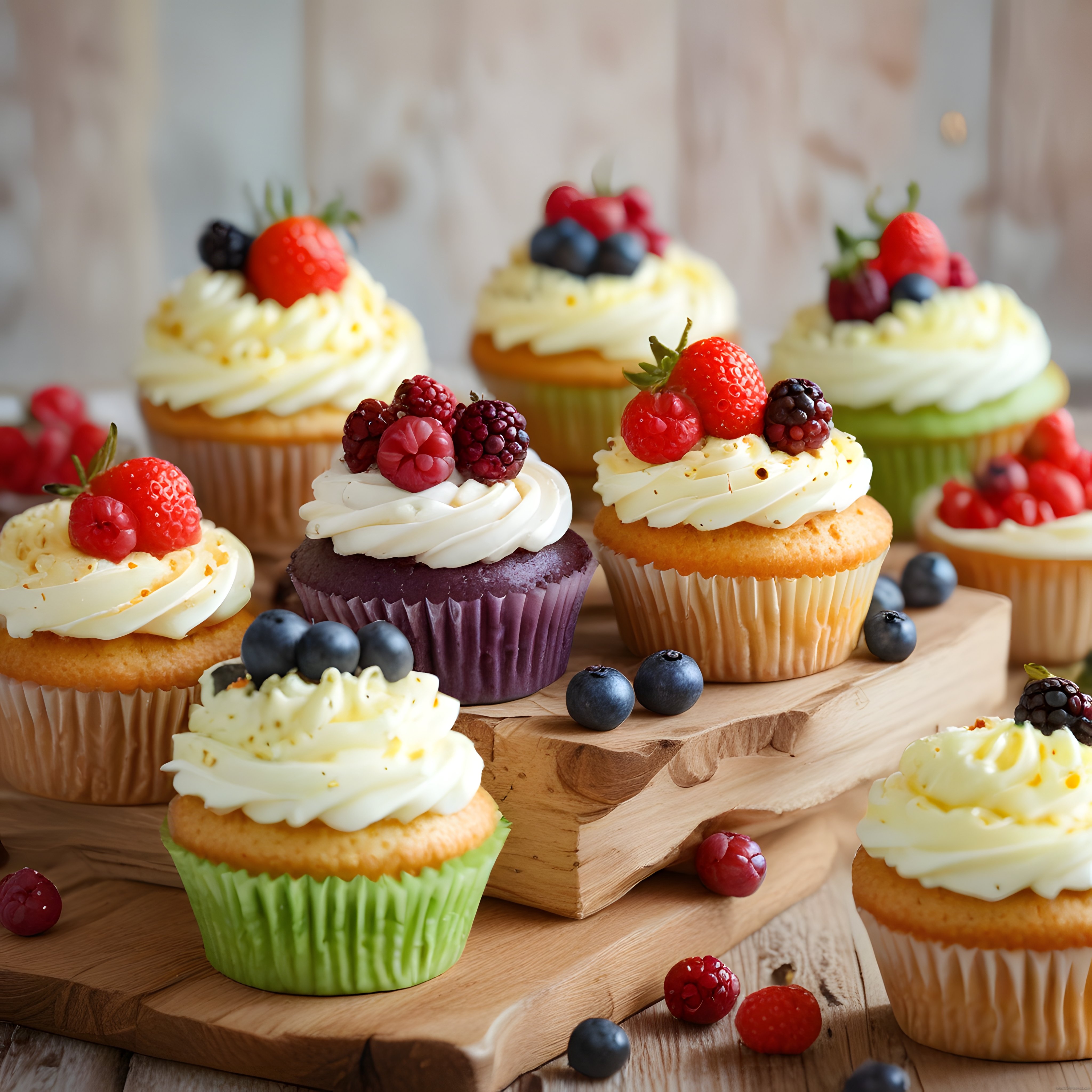 Taze Orman Meyveli ve Kremalı Cupcake'lerle Pastane Stili Renkli Sunum