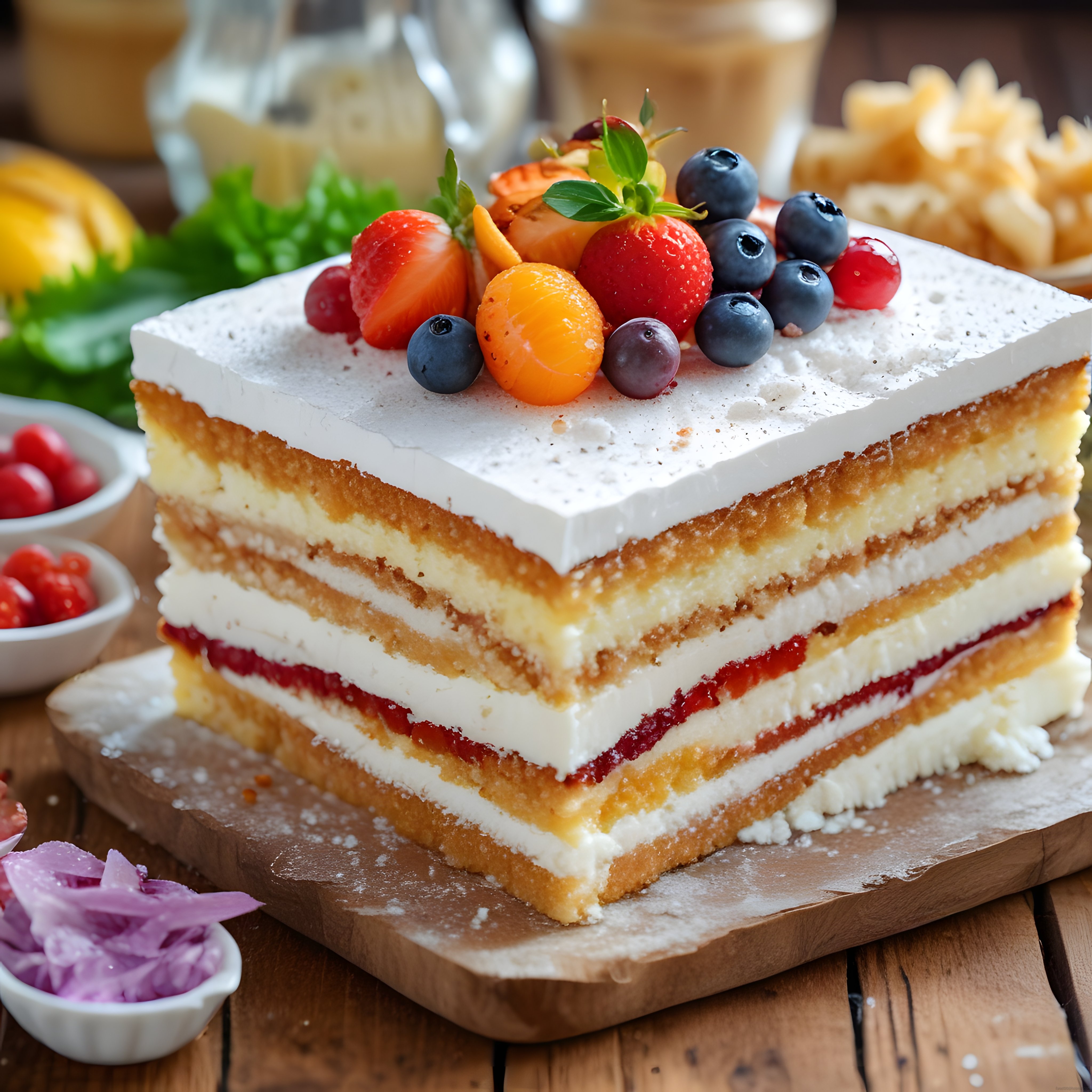 Taze Orman Meyveli ve Kremalı Kat Kat Pasta Dilimi Ahşap Sunumda