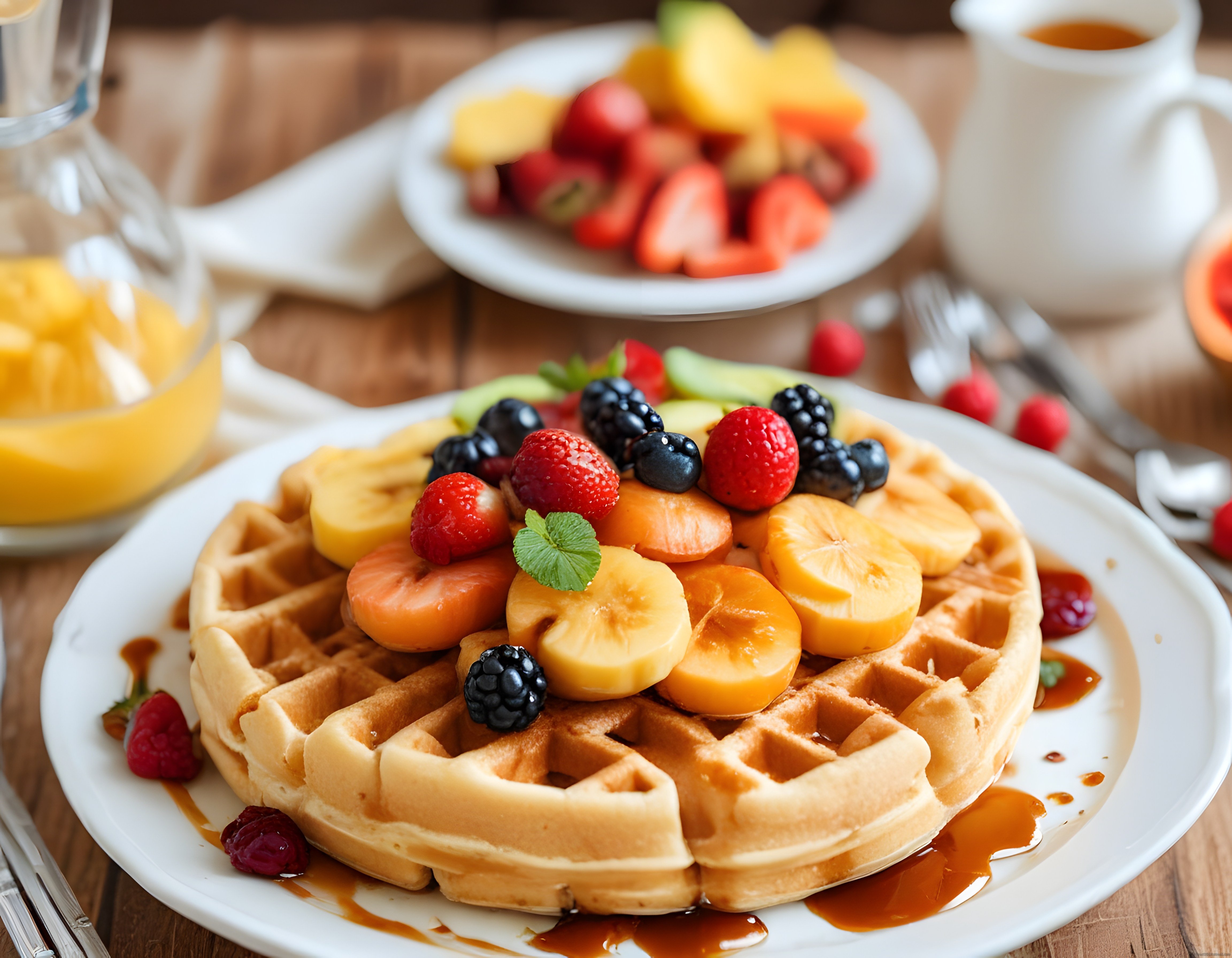 Taze Orman Meyveli ve Muzlu Waffle ile Sıcak Kahvaltı Masası