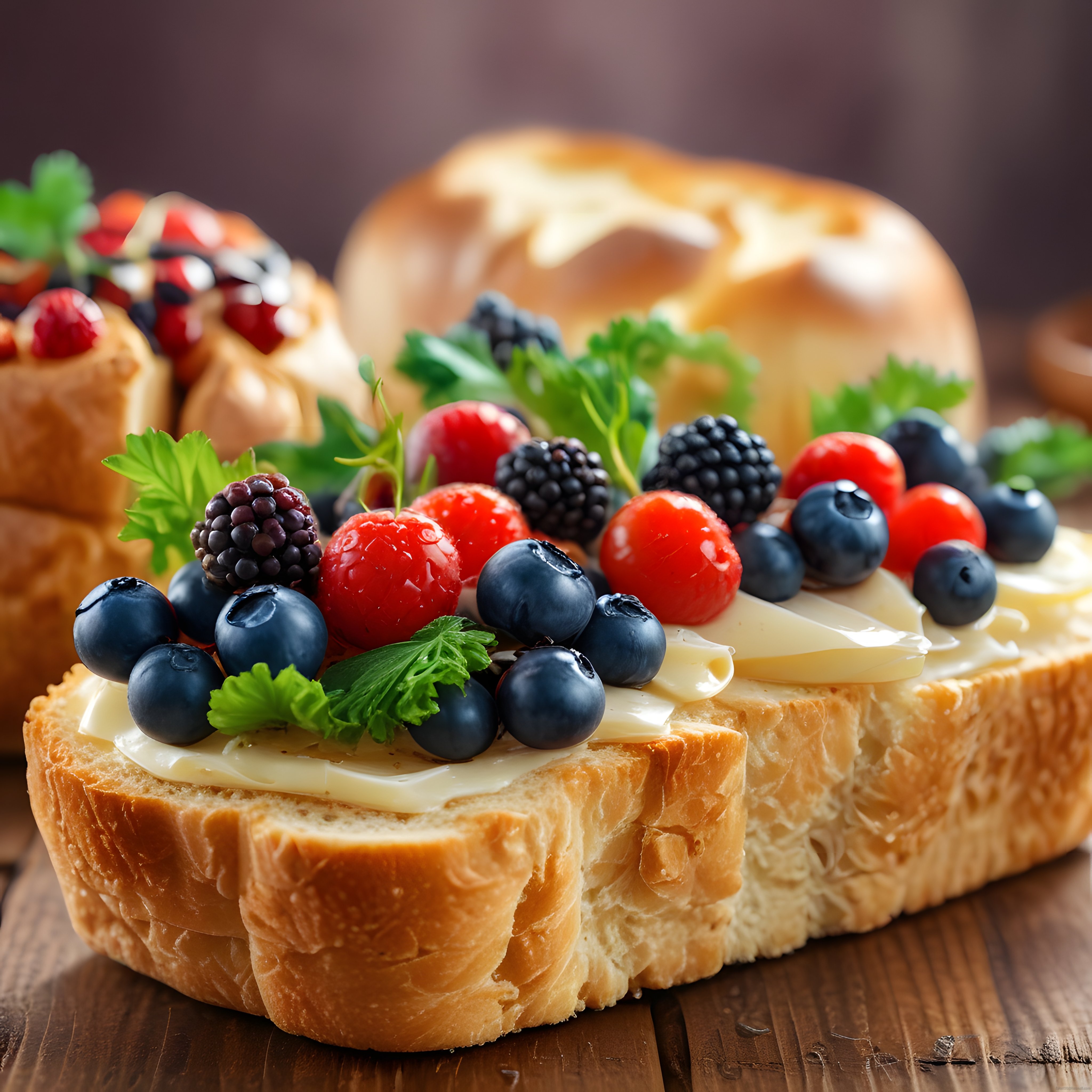 Taze Orman Meyveli ve Peynirli Ekmek Dilimleri ile Kahvaltı Sofrası