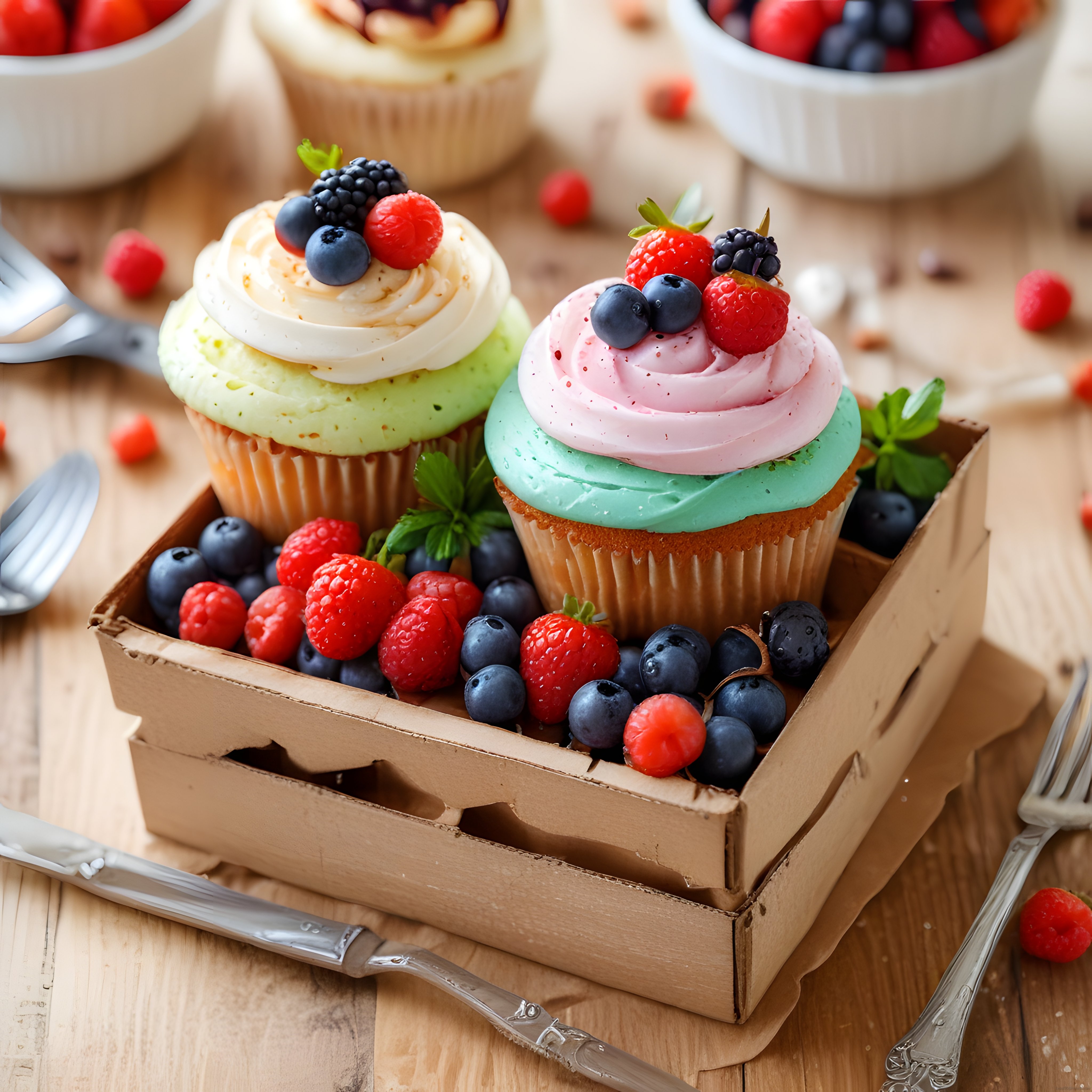 Taze Orman Meyveli ve Renkli Kremalı Cupcake'ler: Lezzetli Tatlı Sunumu