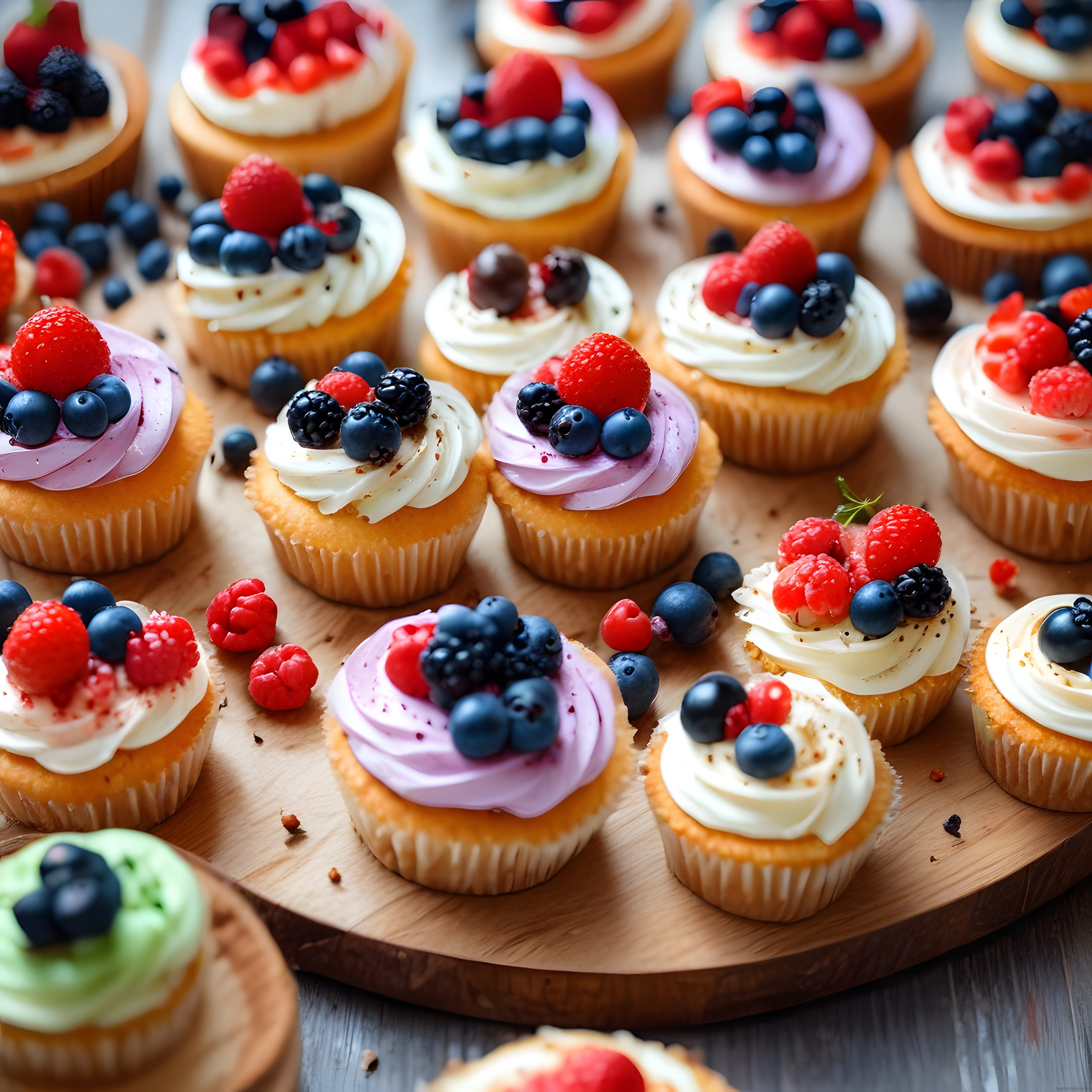 Taze Orman Meyveli ve Renkli Kremalı Cupcake'lerin Ahşap Üzerinde Davetkar Sunumu