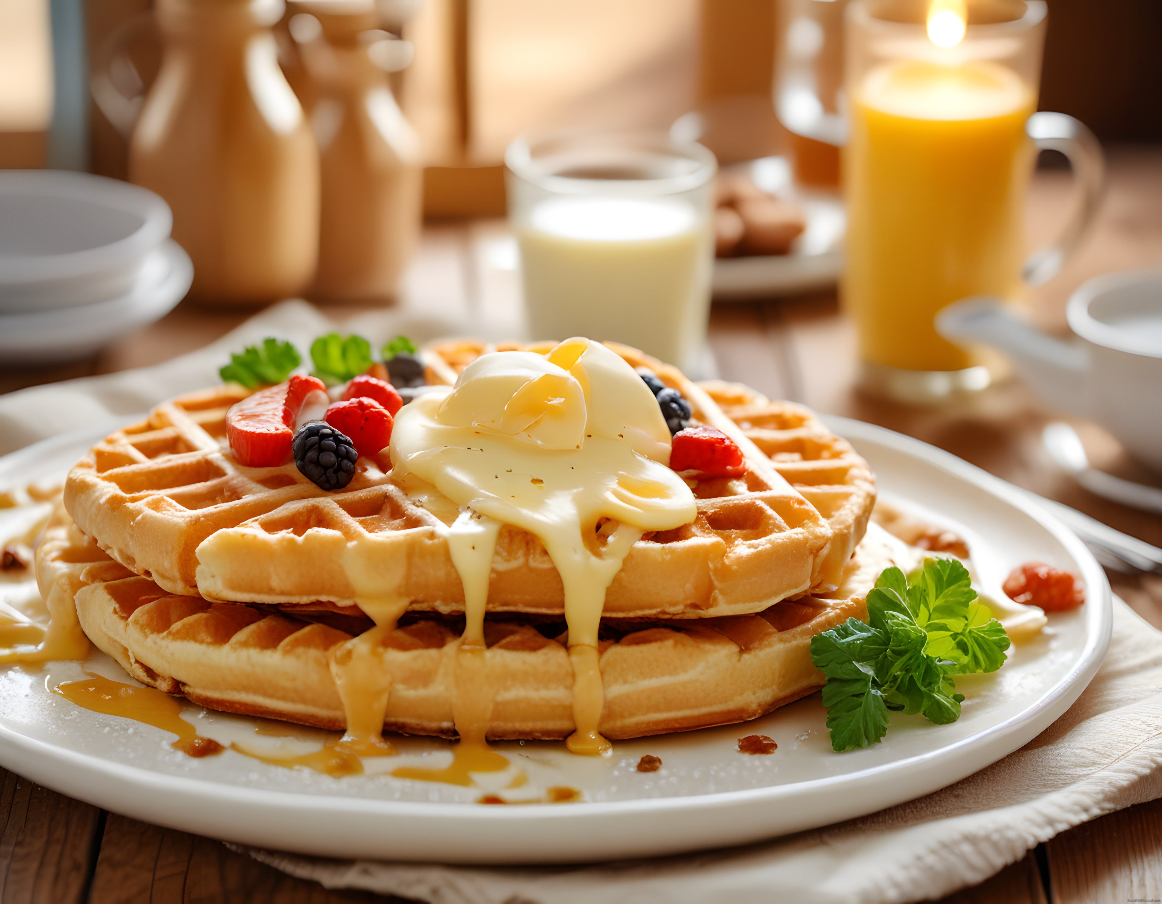 Taze Orman Meyveli ve Soslu Waffle ile Portakal Suyu Eşliğinde Kahvaltı Keyfi