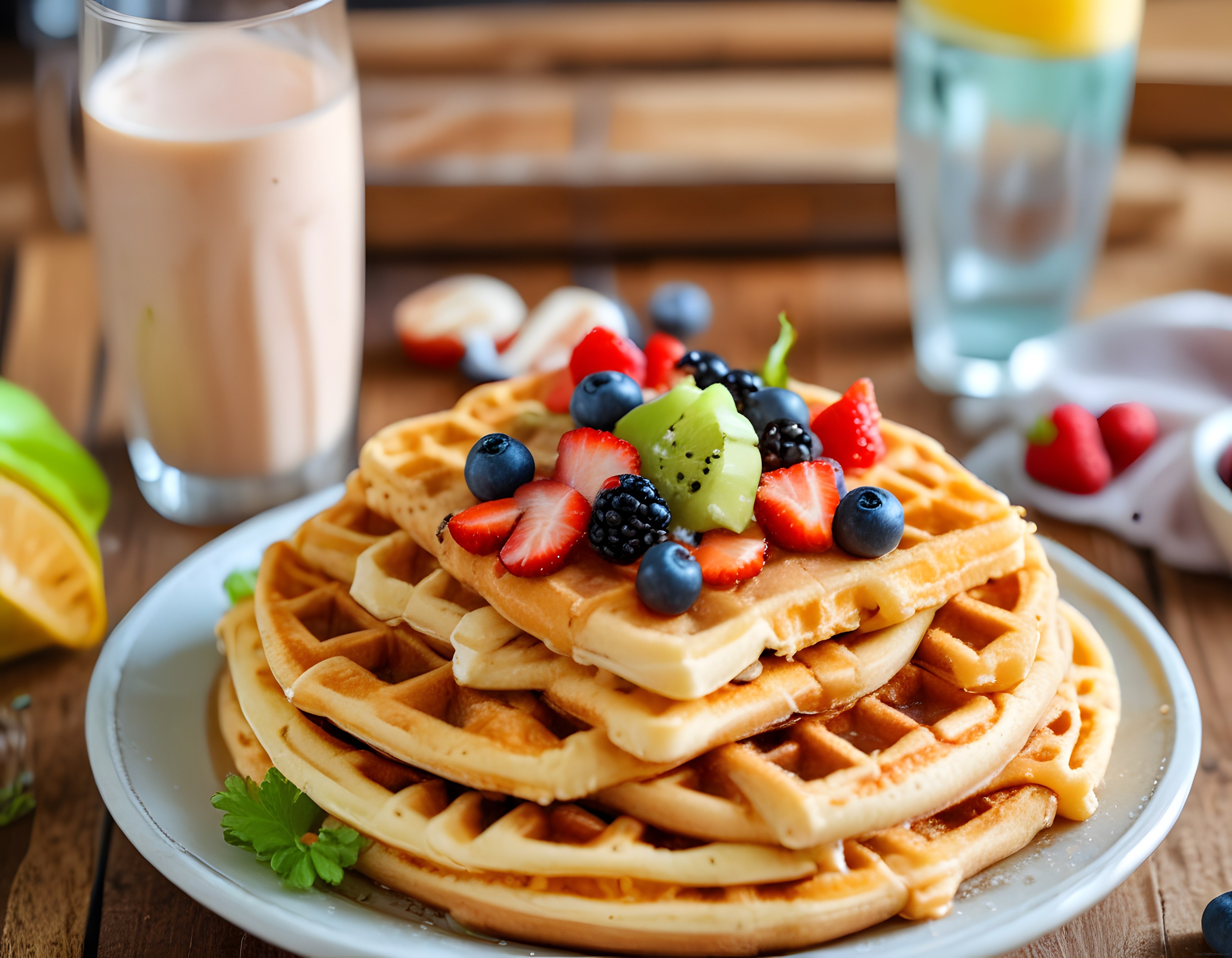 Taze Orman Meyveli Waffle ve Latte ile Neşeli Kahvaltı Tabağı