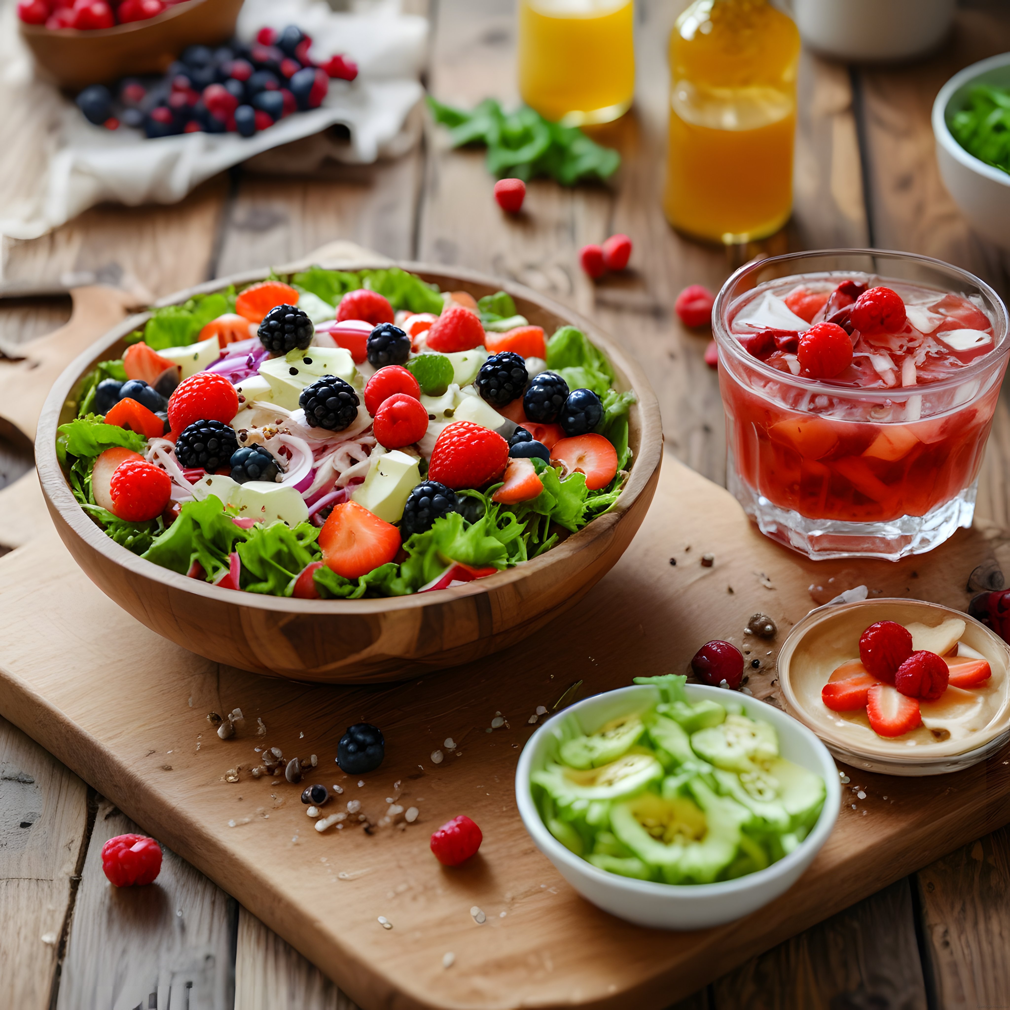 Taze Orman Meyveli Yeşil Salata ve Çilekli Serinletici İçecek Sunumu