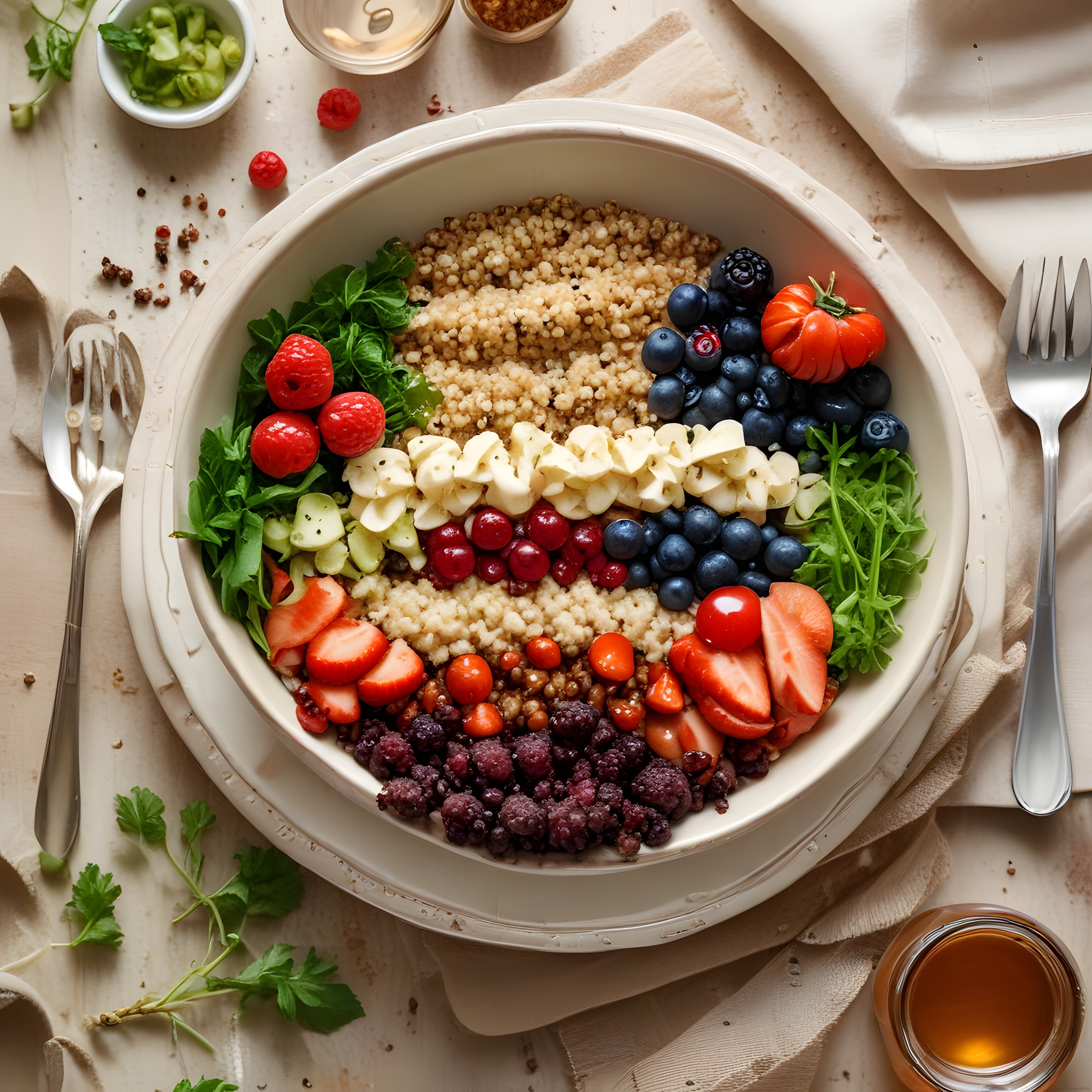 taze orman meyveli yeşillikli ve peynirli besleyici buddha bowl sunumu