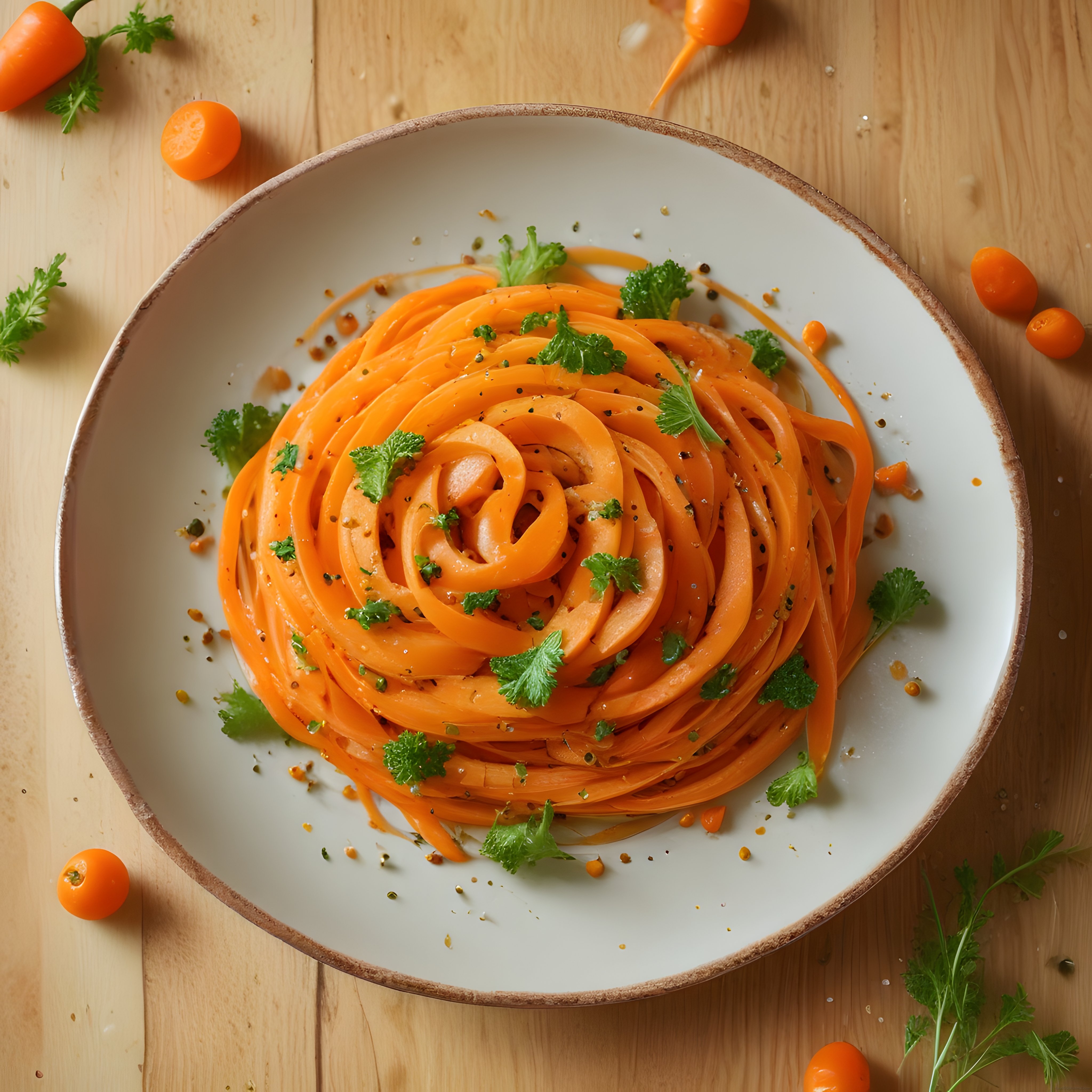 Taze Otlar ve Baharatlarla Süslenmiş Kremalı Havuç Spaghetti Sunumu