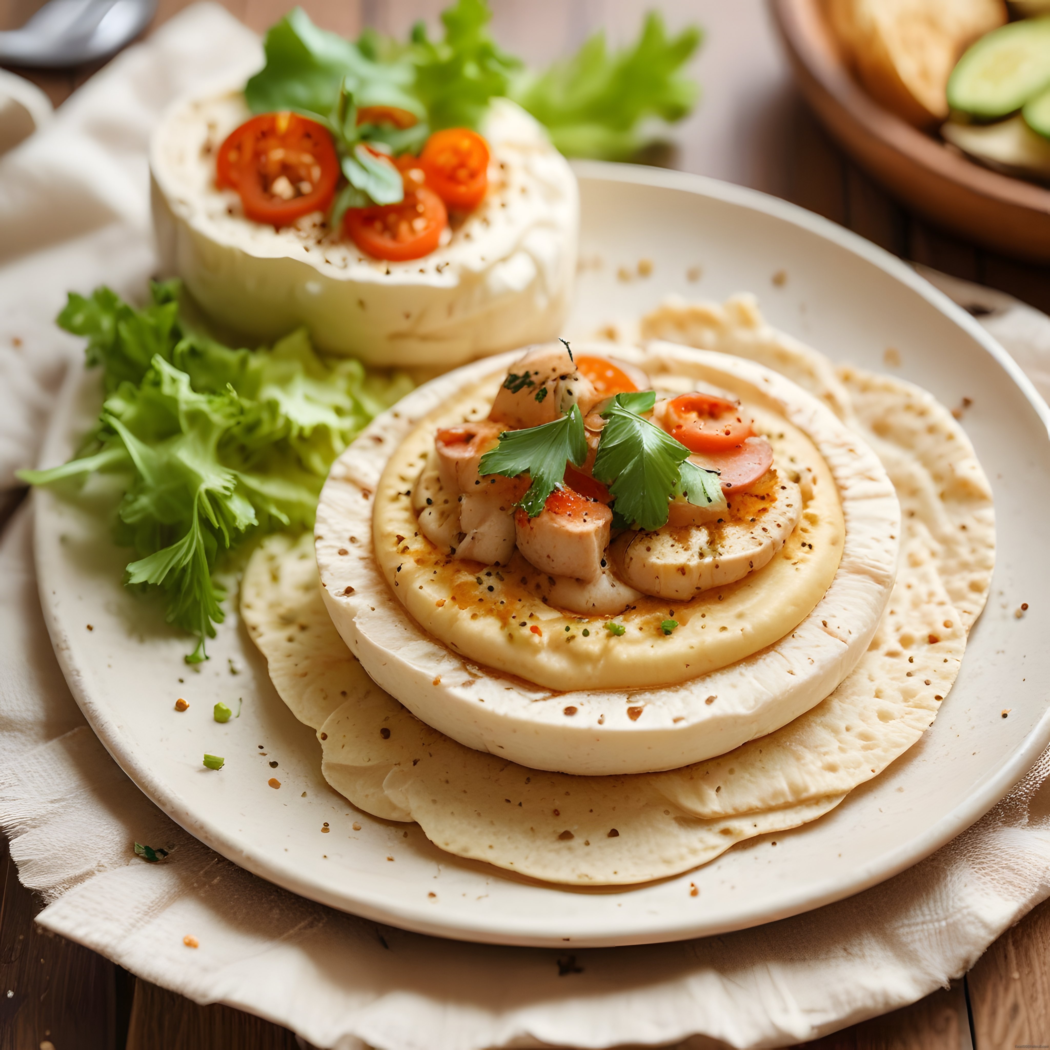 Taze Otlar ve Domatesli Tortilla Üzerinde Peynirli Tavuklu Kahvaltı Tabağı