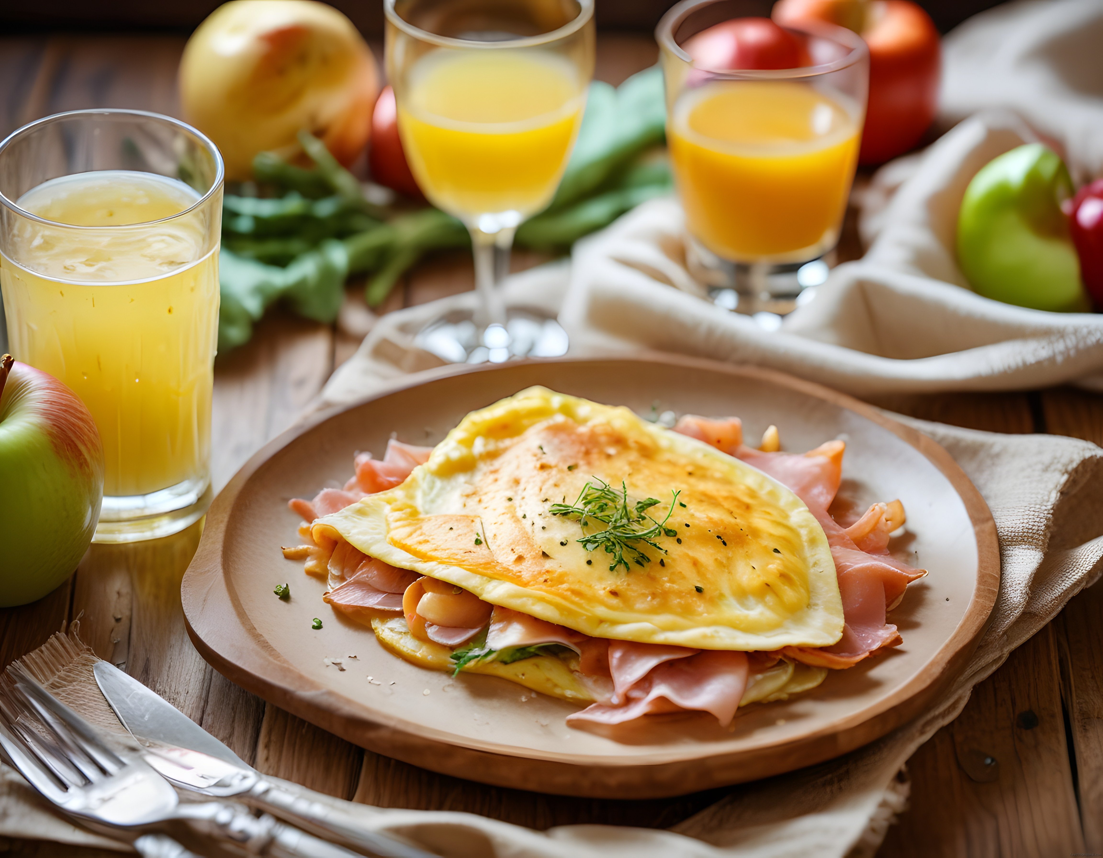 Taze Otlarla Süslenmiş Omlet ve Portakal Suyuyla Rustik Kahvaltı Masası