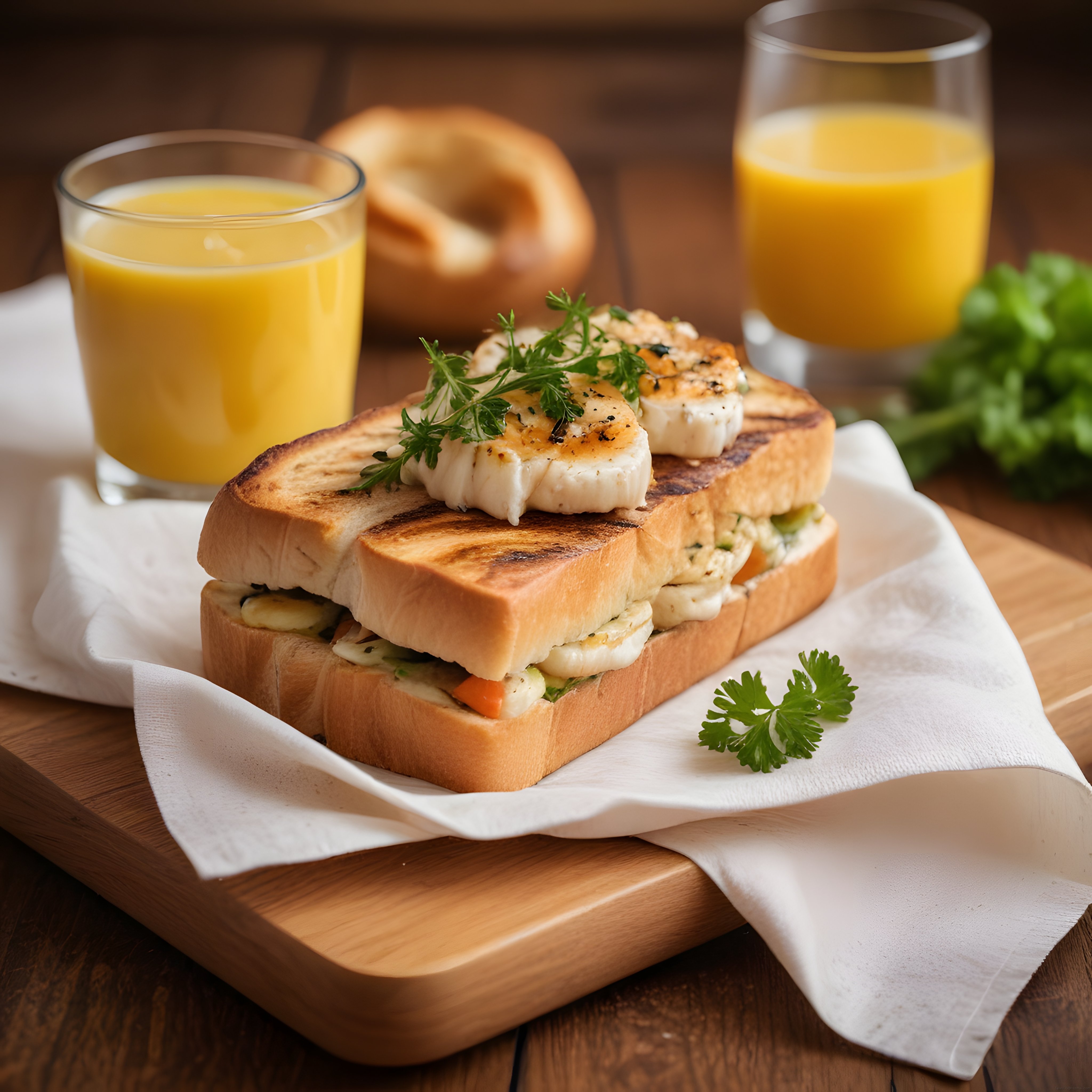 Taze otlarla süslenmiş tost ve portakal suyu ile enfes bir kahvaltı tablosu