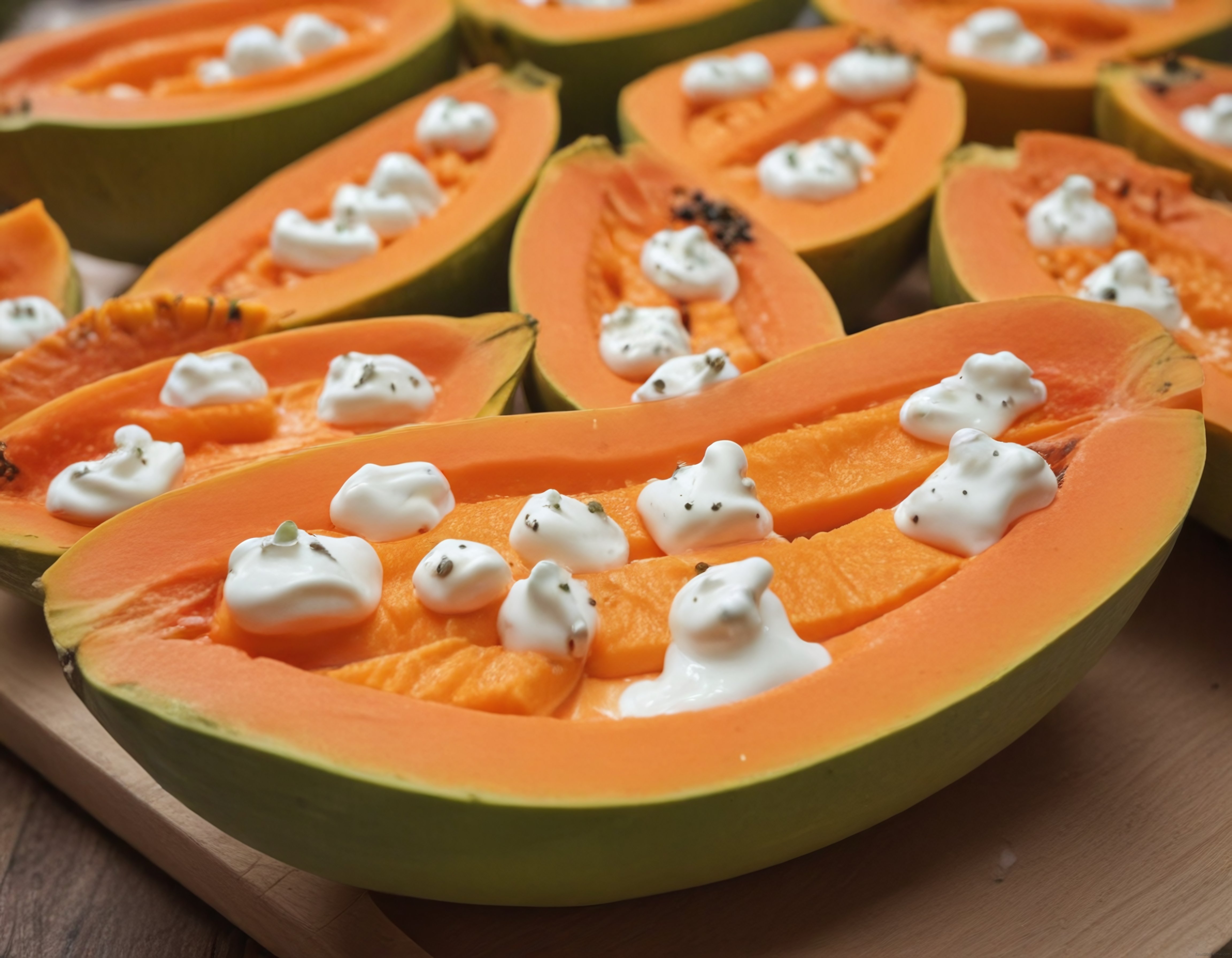Taze papaya dilimleri üzerinde krema süslemesiyle egzotik tatlı sunumu