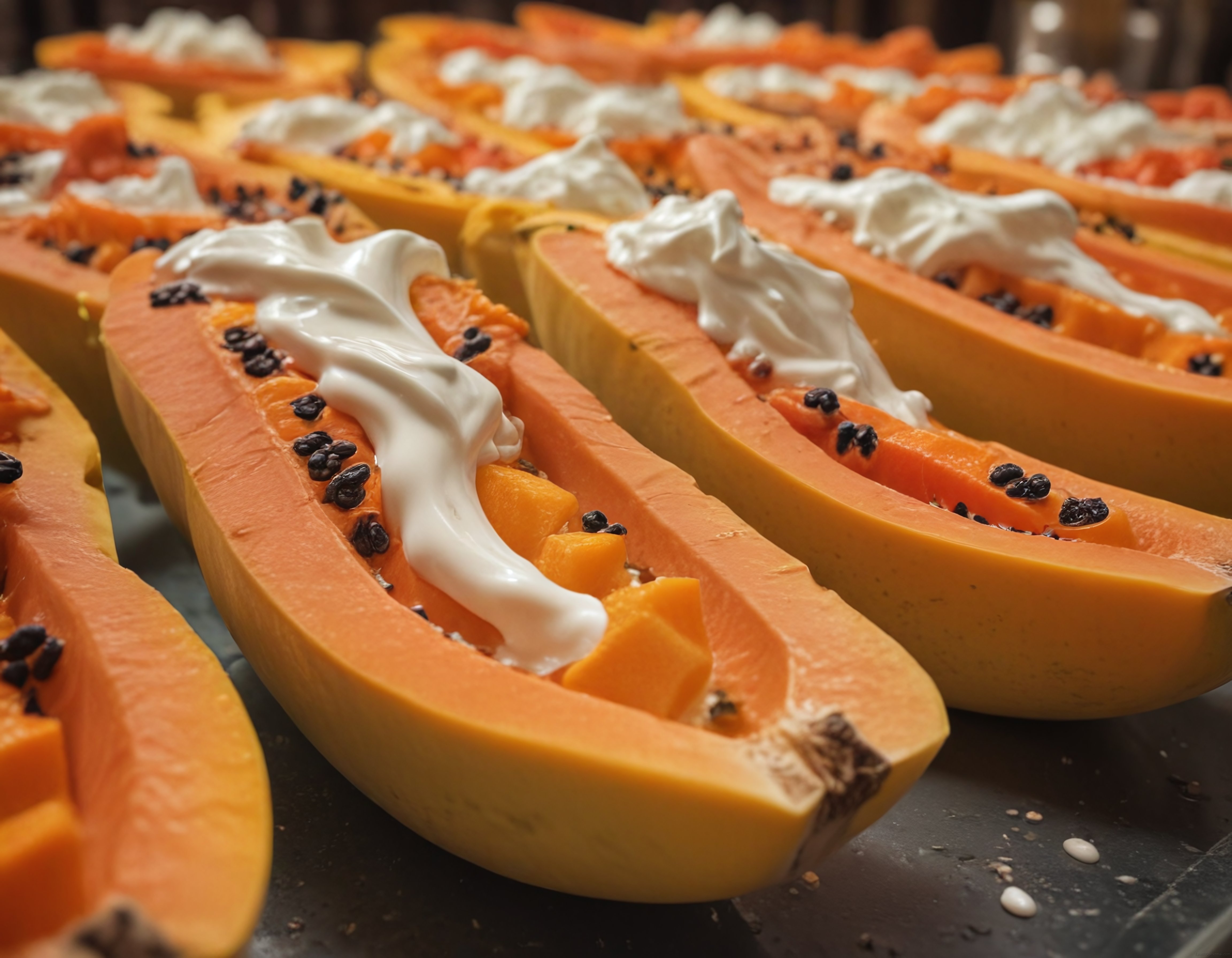 Taze Papaya Dilimleri Üzerinde Krema ve Chia Tohumu Süslemesi ile Lezzetli Sunum
