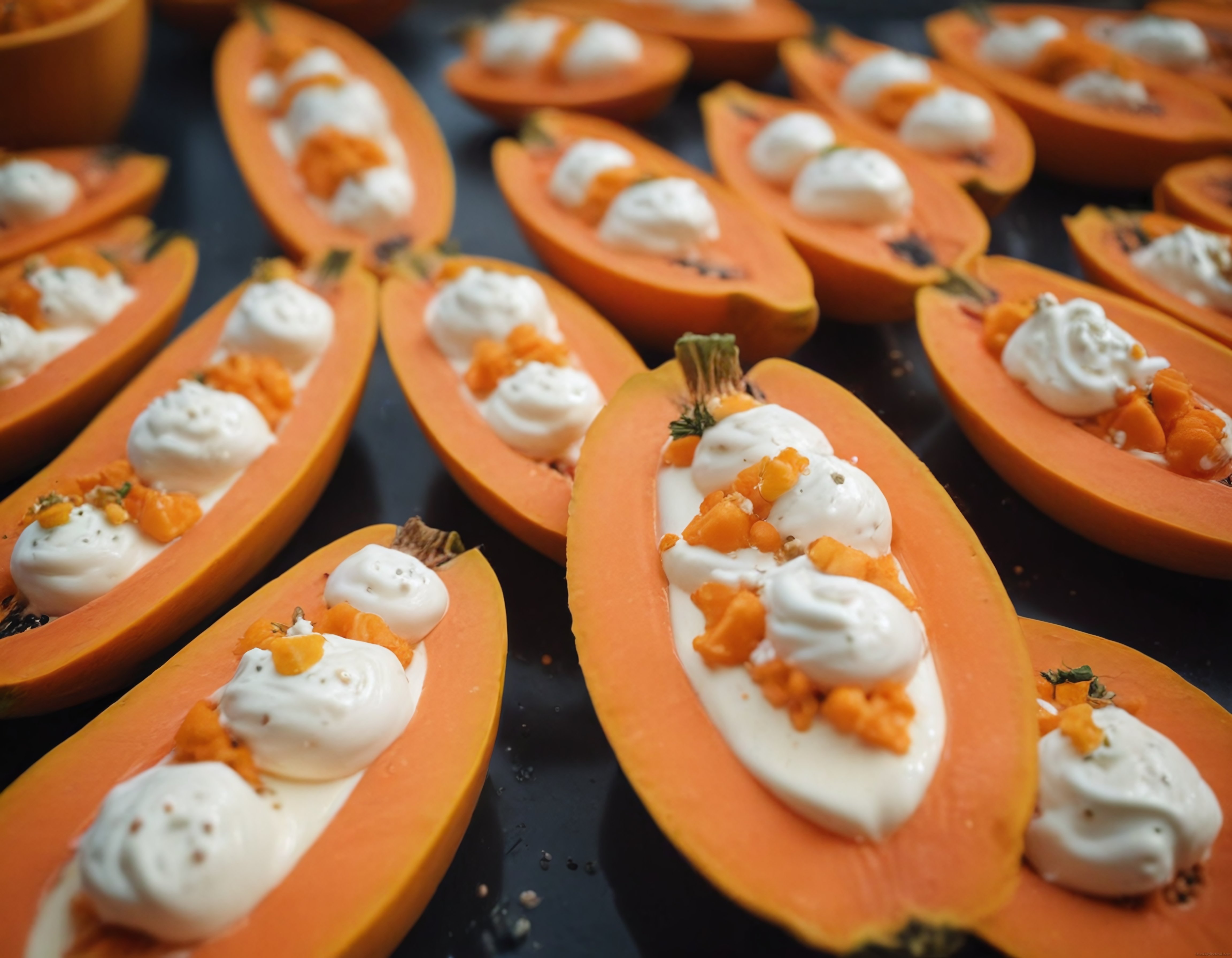 Taze Papaya Dilimleri Üzerinde Krema ve Meyve Parçacıklarıyla Egzotik Sunum