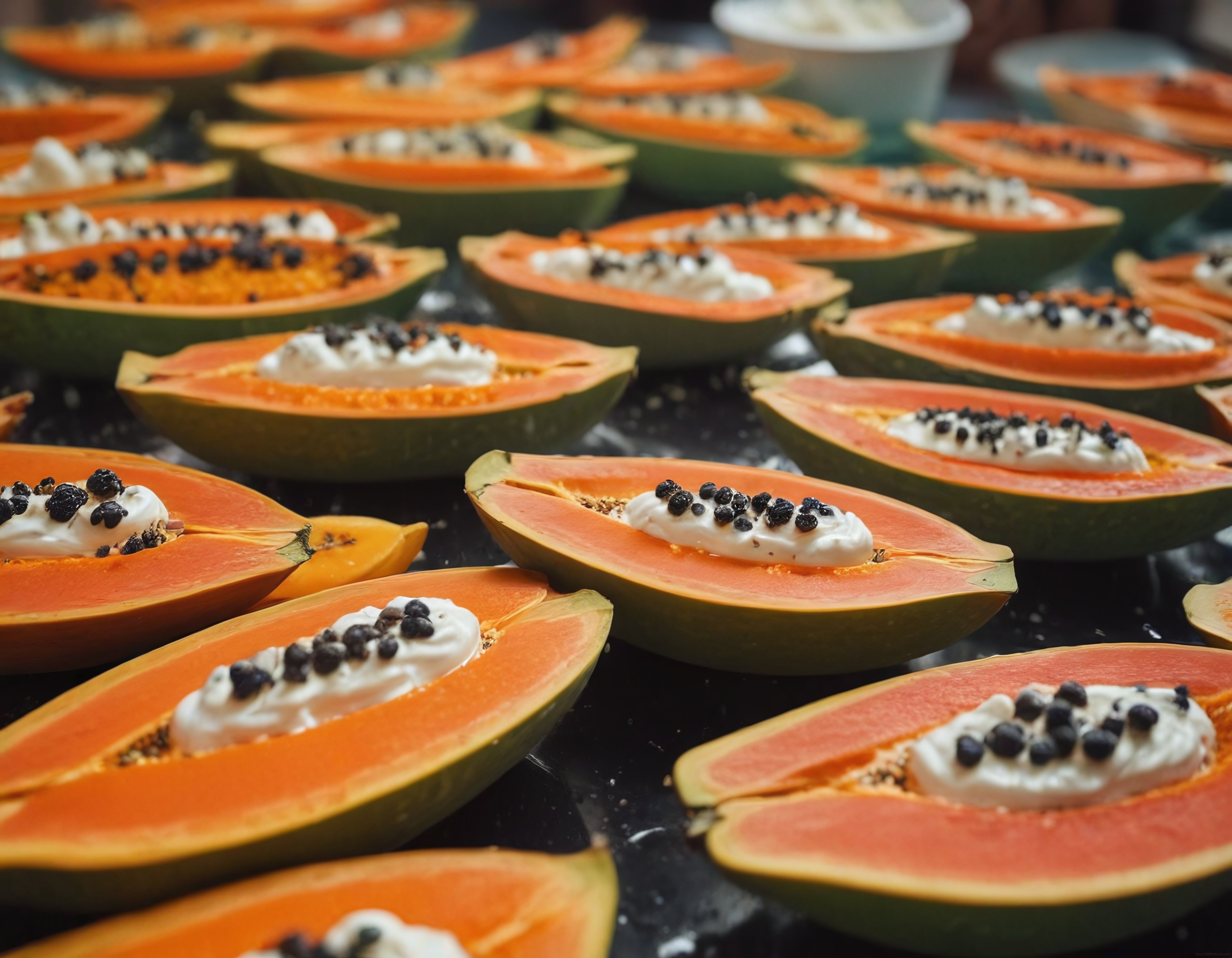 Taze Papaya Dilimleri Üzerinde Krema ve Yaban Mersini ile Şık Açık Büfe Sunumu