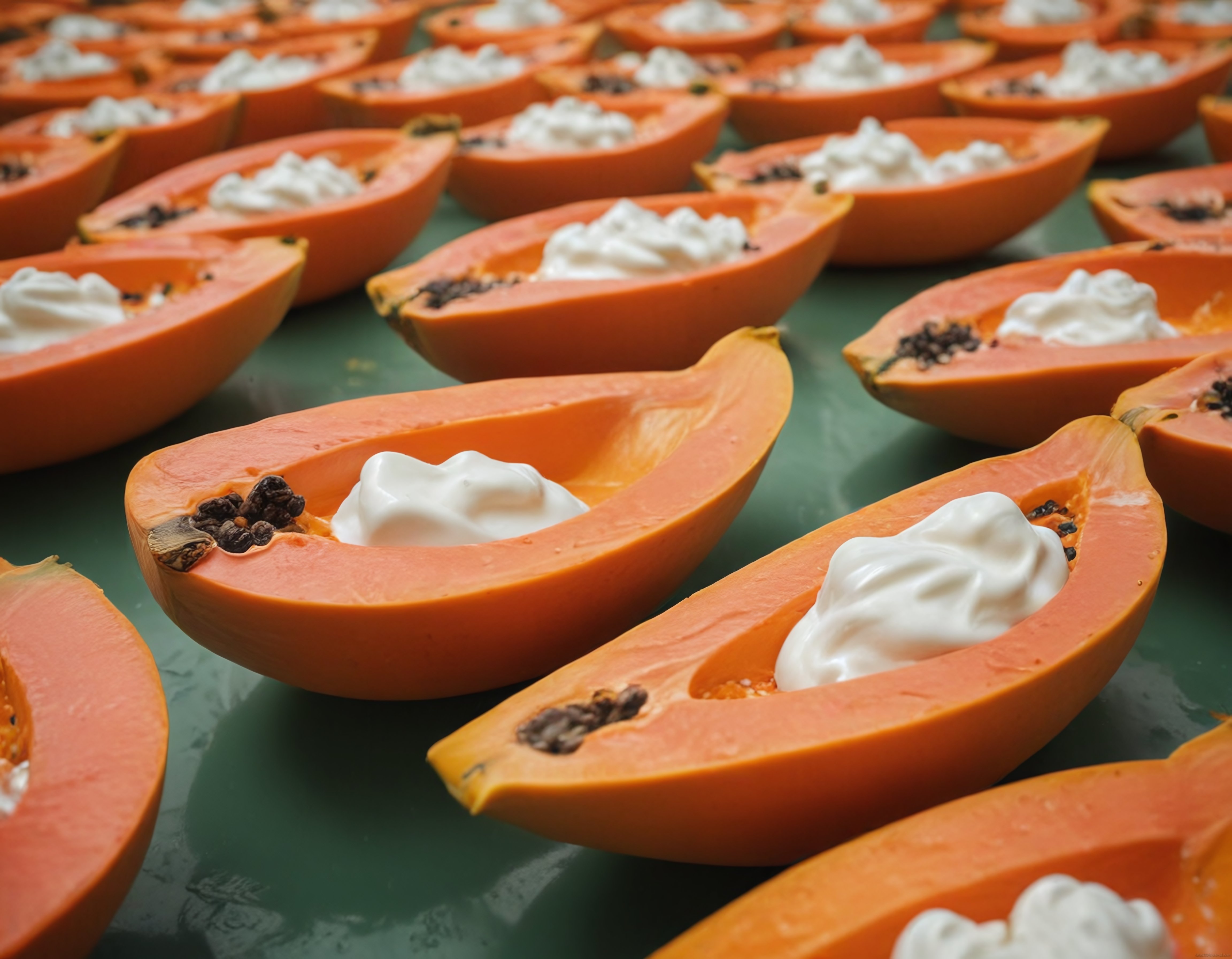 Taze Papaya Dilimleri Üzerinde Yoğurt ve Kuru Üzüm: Sağlıklı Sunum