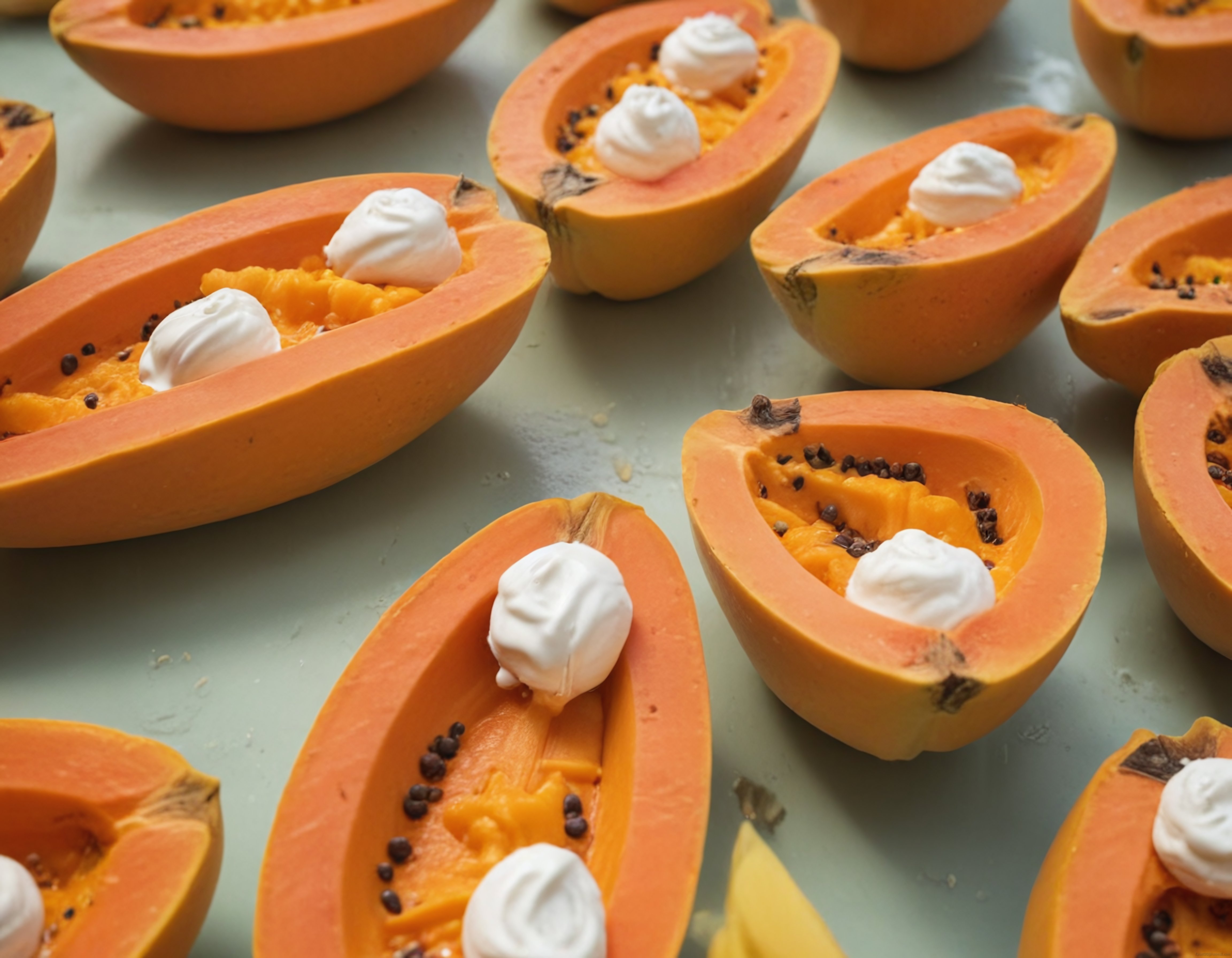 Taze Papaya Dilimlerine Krema Süslemeli Tropikal Meyve Tatlısı Sunumu