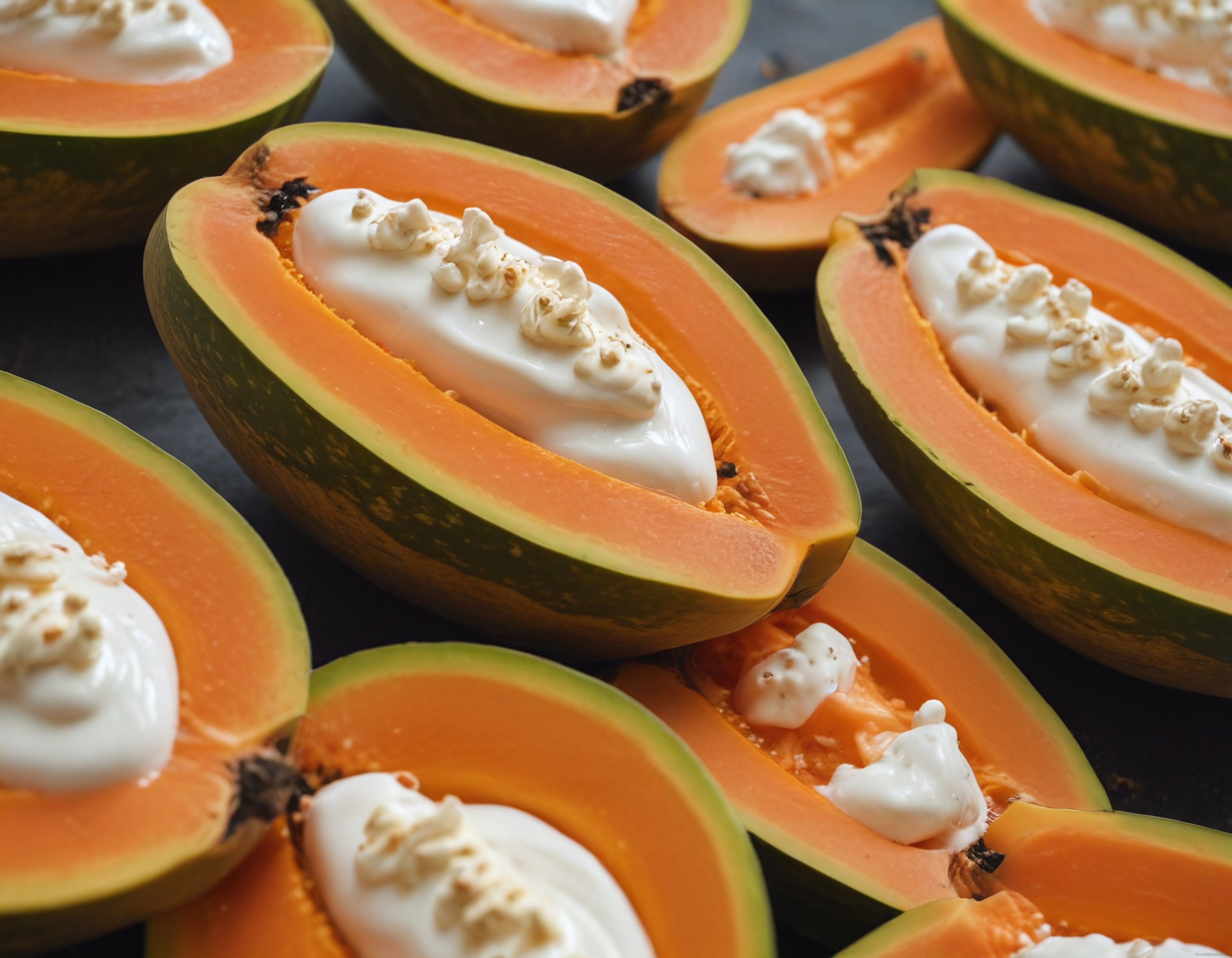 Taze Papaya Kasesinde Yoğurt ve Granola ile Sağlıklı Kahvaltı Sunumu