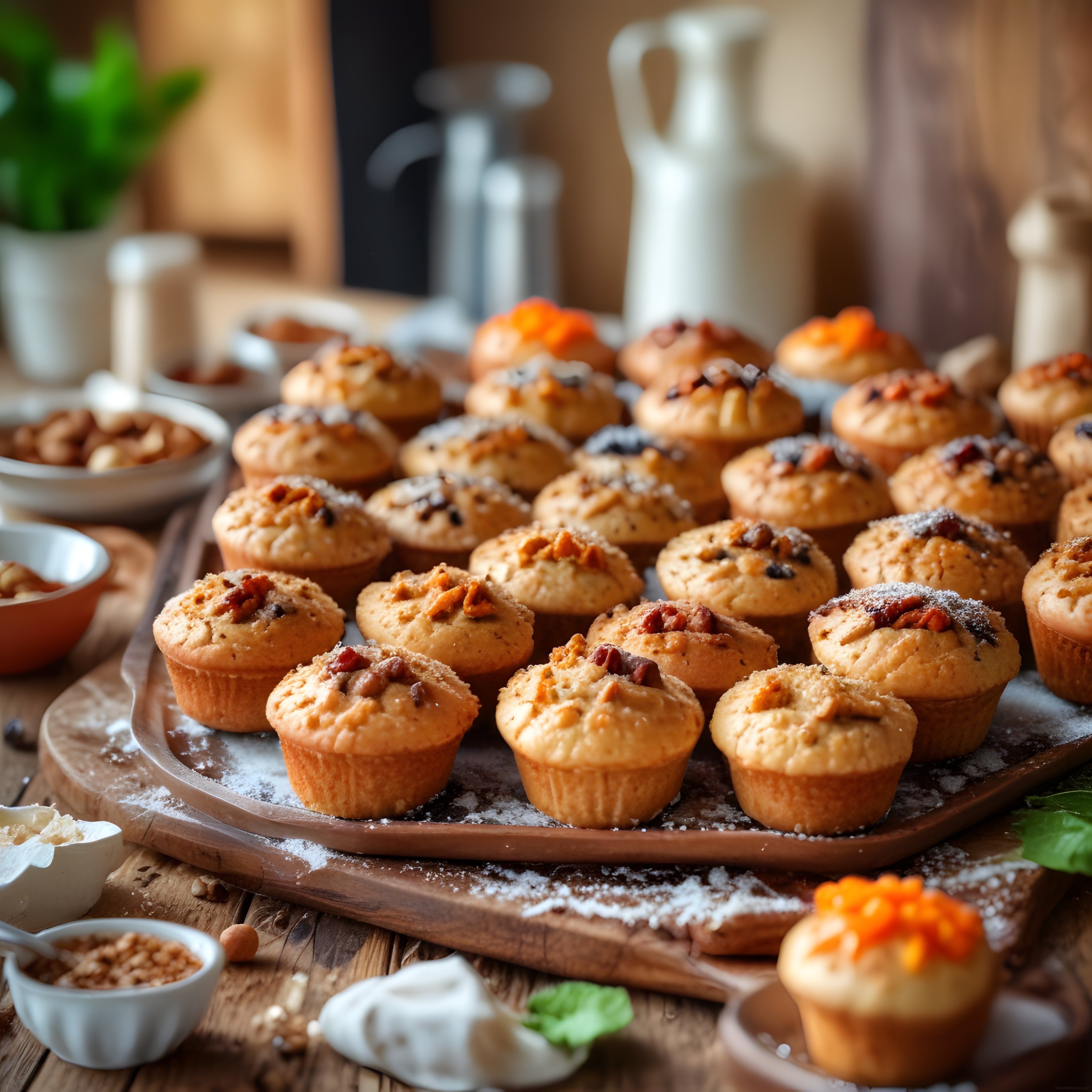 Taze Pişmiş Cevizli ve Tarçınlı Ev Yapımı Muffinler Rustik Mutfakta