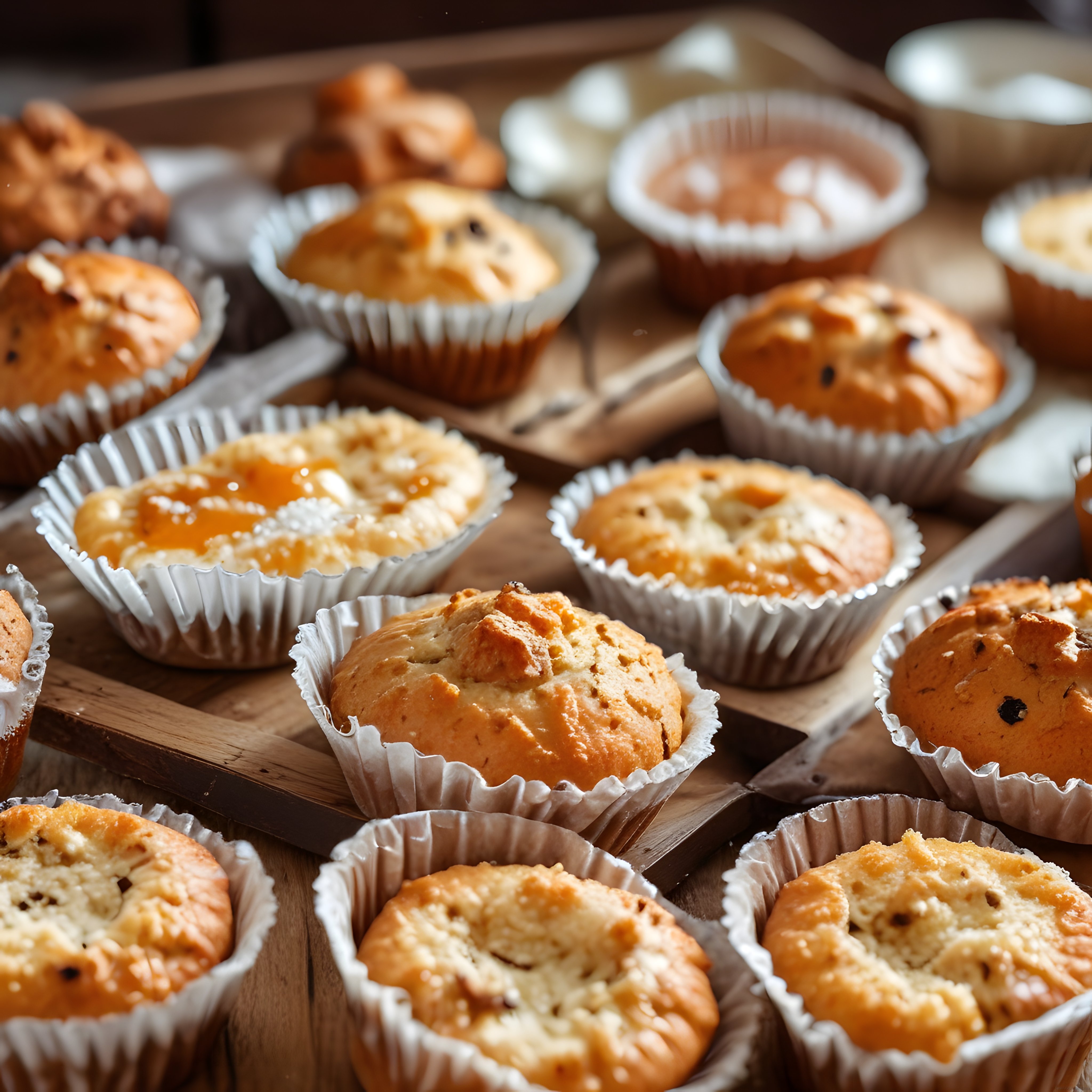 Taze pişmiş ev yapımı muffinler ve reçelli kekler ahşap tepsi üzerinde