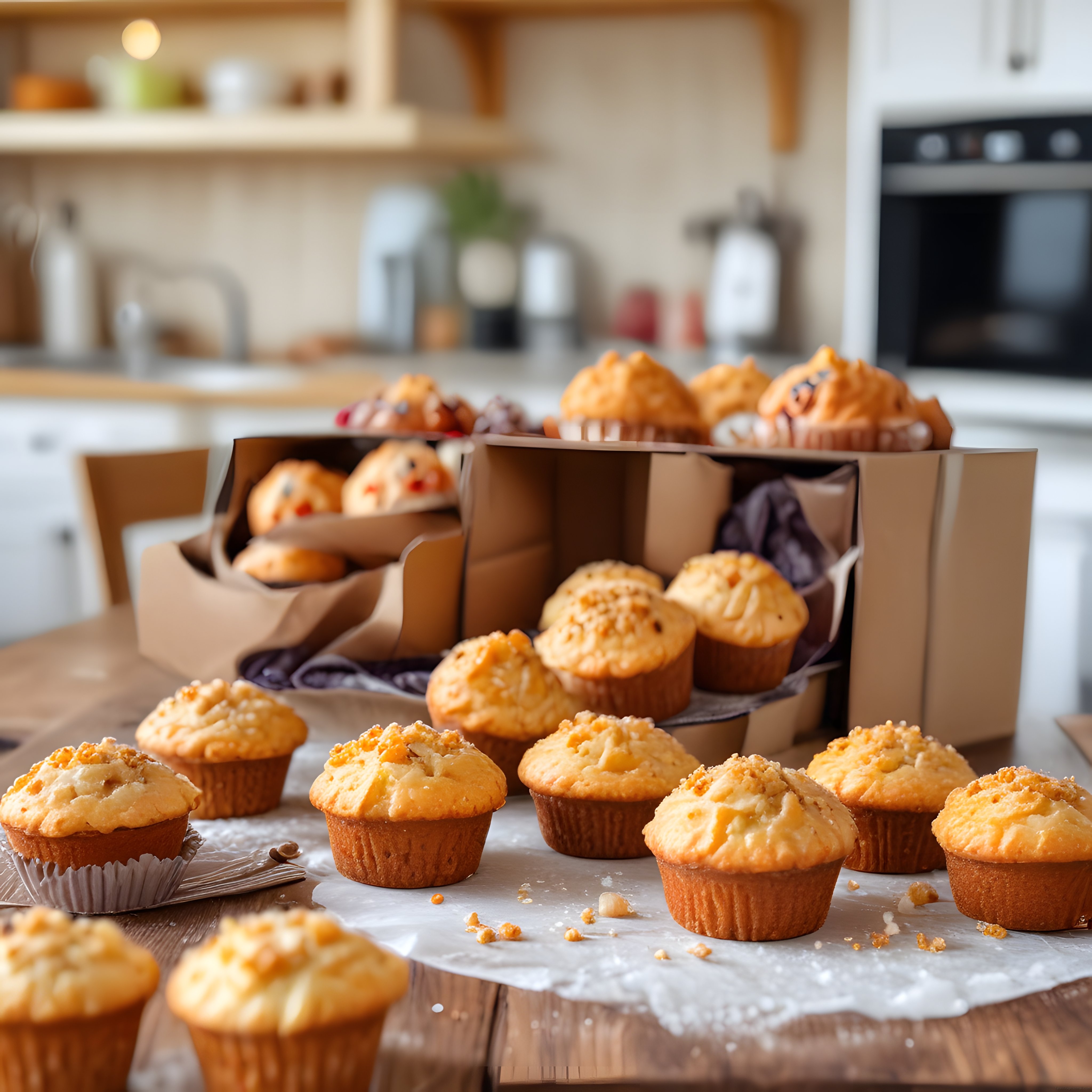 Taze pişmiş ev yapımı muffinlerin ahşap mutfak tezgahında nefis sunumu