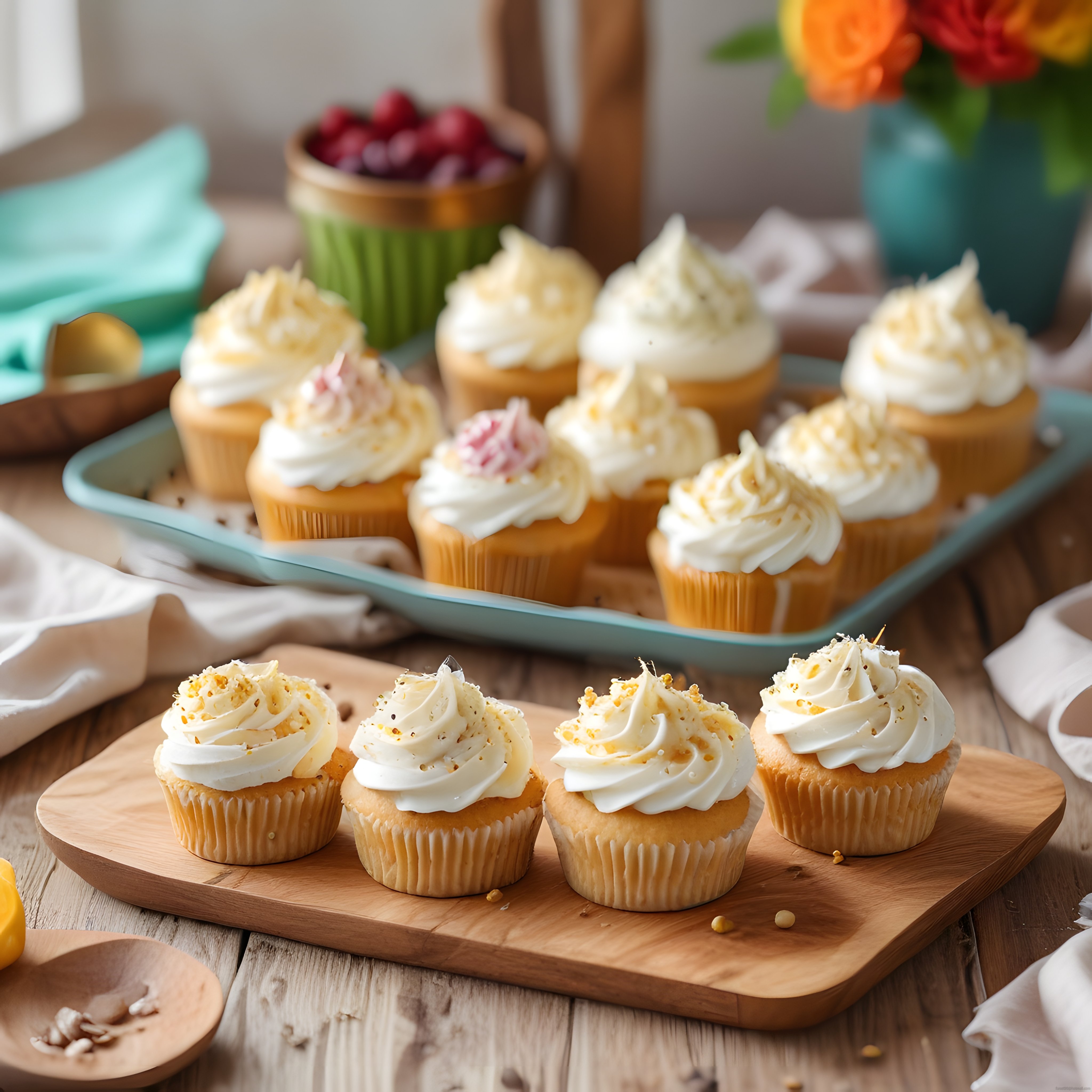 Taze Pişmiş Krema Süslü Vanilya Cupcakeler ve Tatlı Muffinler ile Rustik Sunum