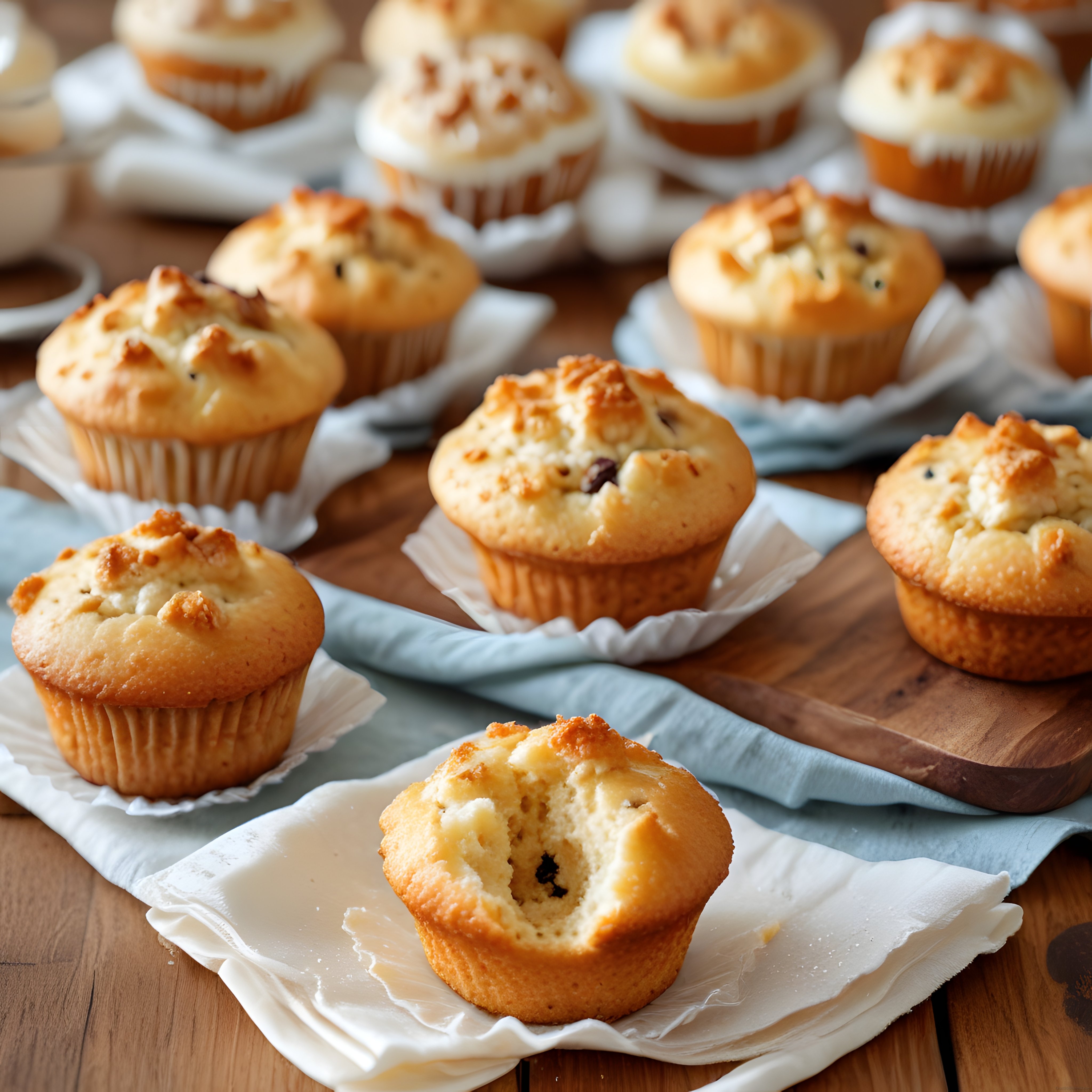 Taze pişmiş kremalı muffinler, ahşap masada yumuşak dokusuyla sunuldu
