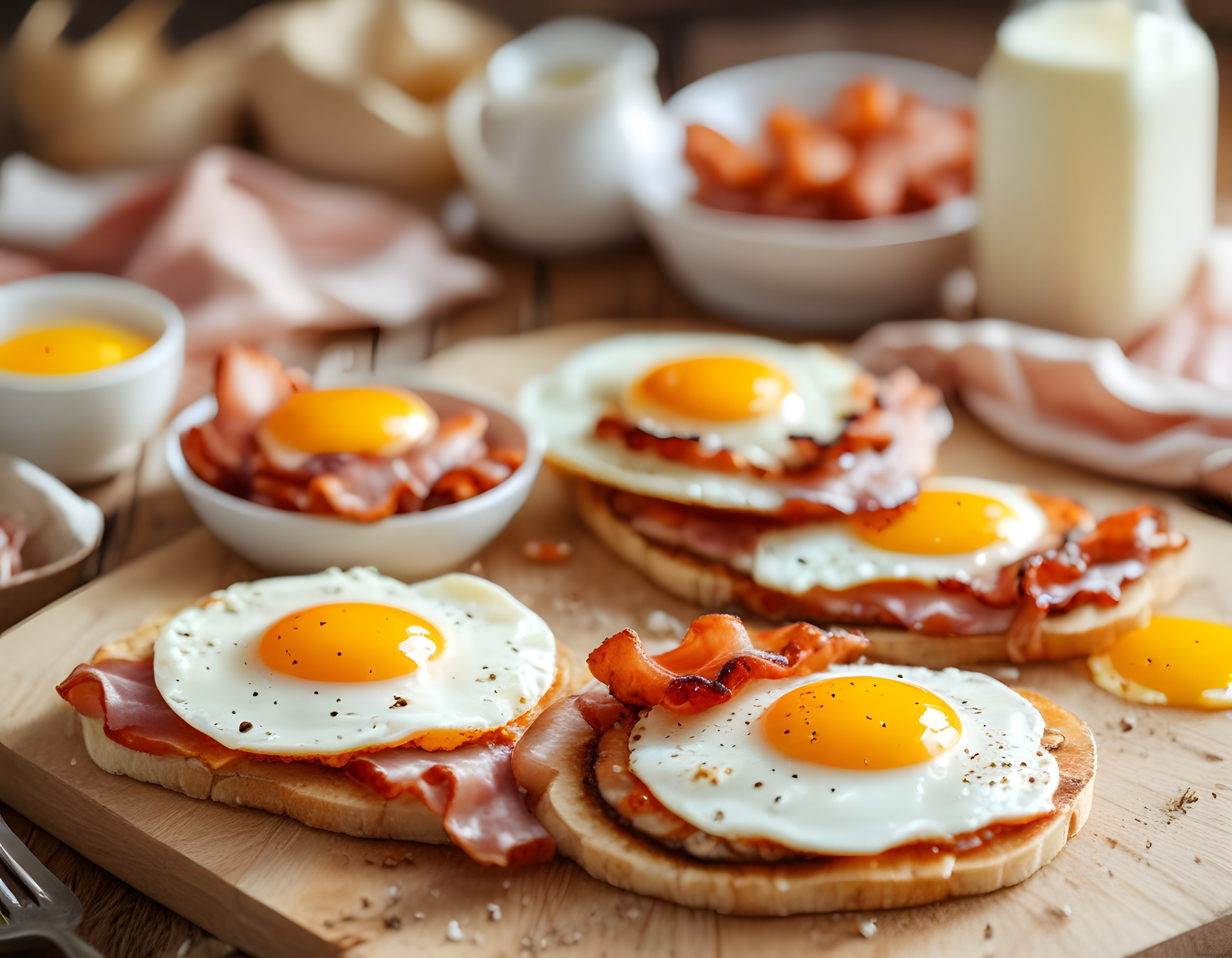 Taze pişmiş yumurta, bacon ve jambonlu sıcak kahvaltı tabağı sunumu