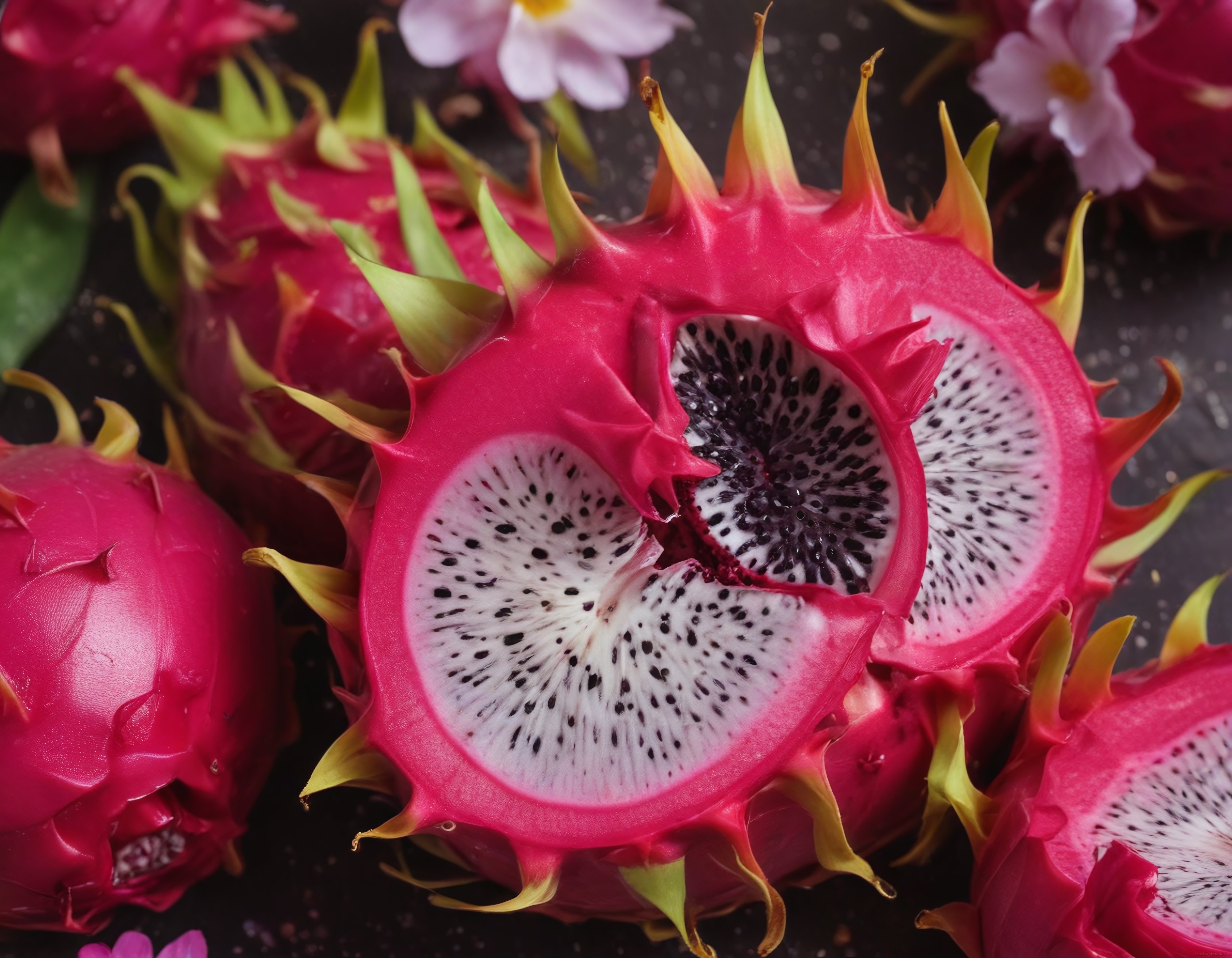 Taze Pitaya Ejder Meyvesi: Kesilmiş ve Bütün Halde Canlı Renkler