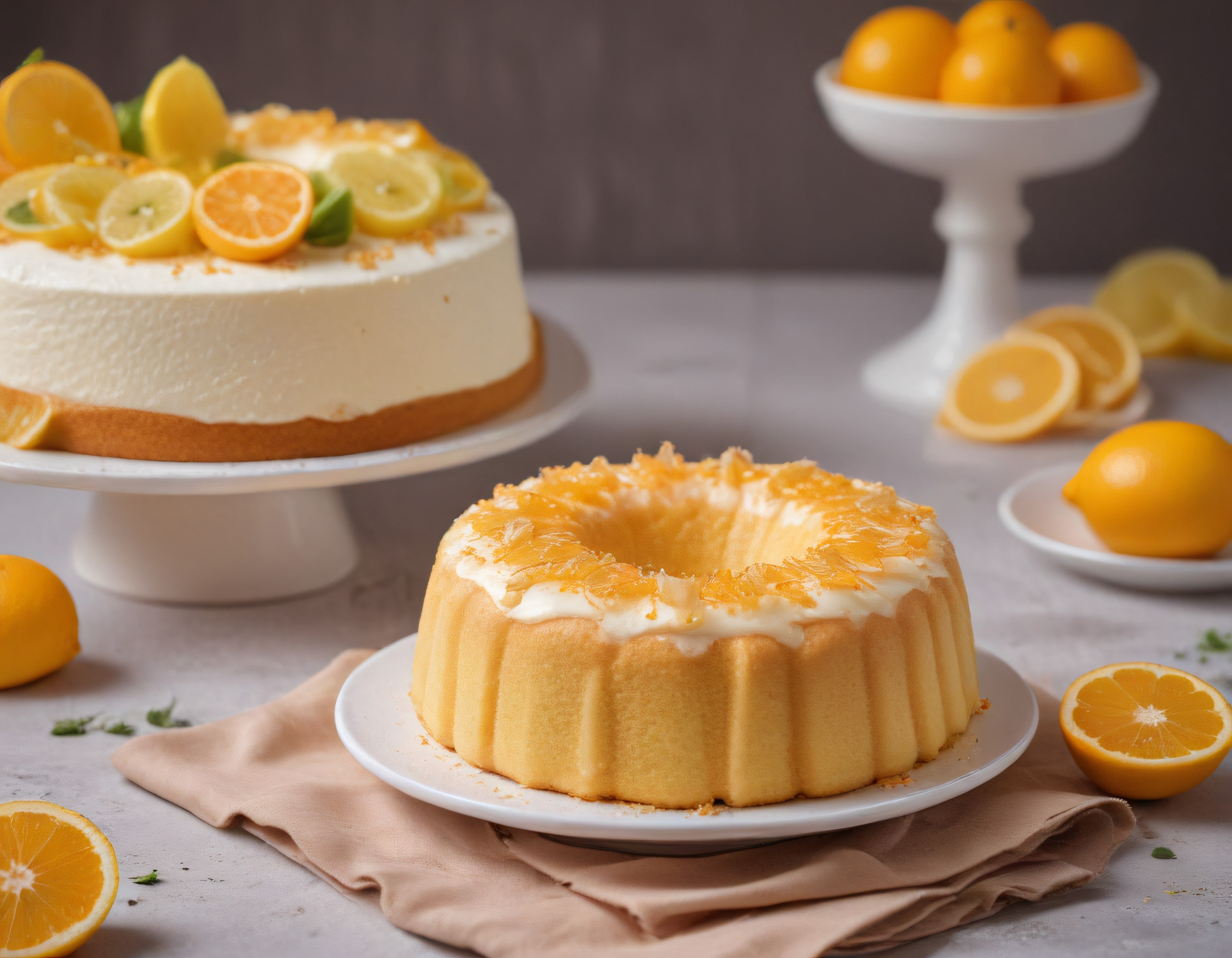 Taze Portakal ve Limon Dilimleriyle Süslenmiş Ev Yapımı Kek Pasta Sunumu