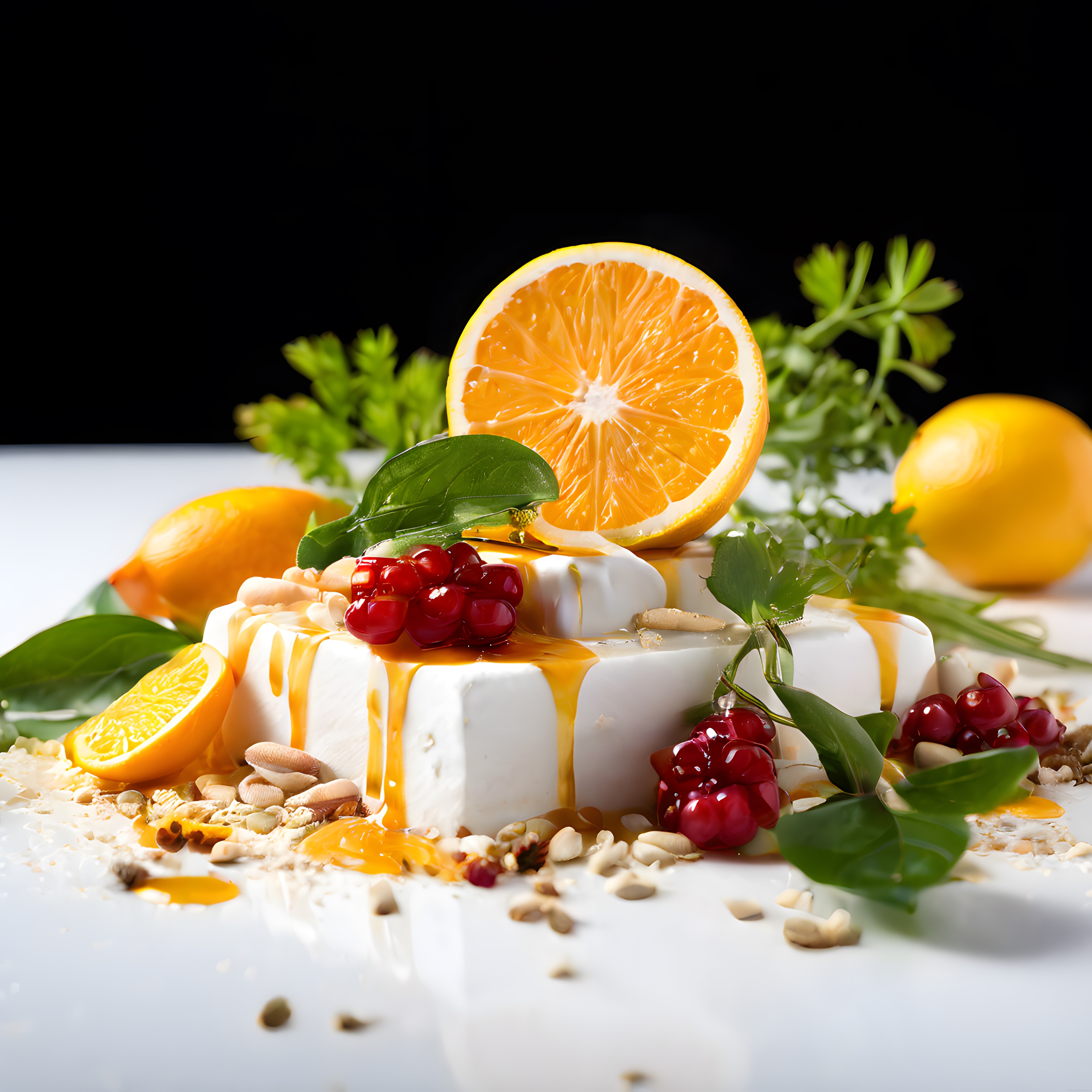 Taze Portakallı ve Orman Meyveli Ballı Fit Cheesecake Tatlı Sunumu
