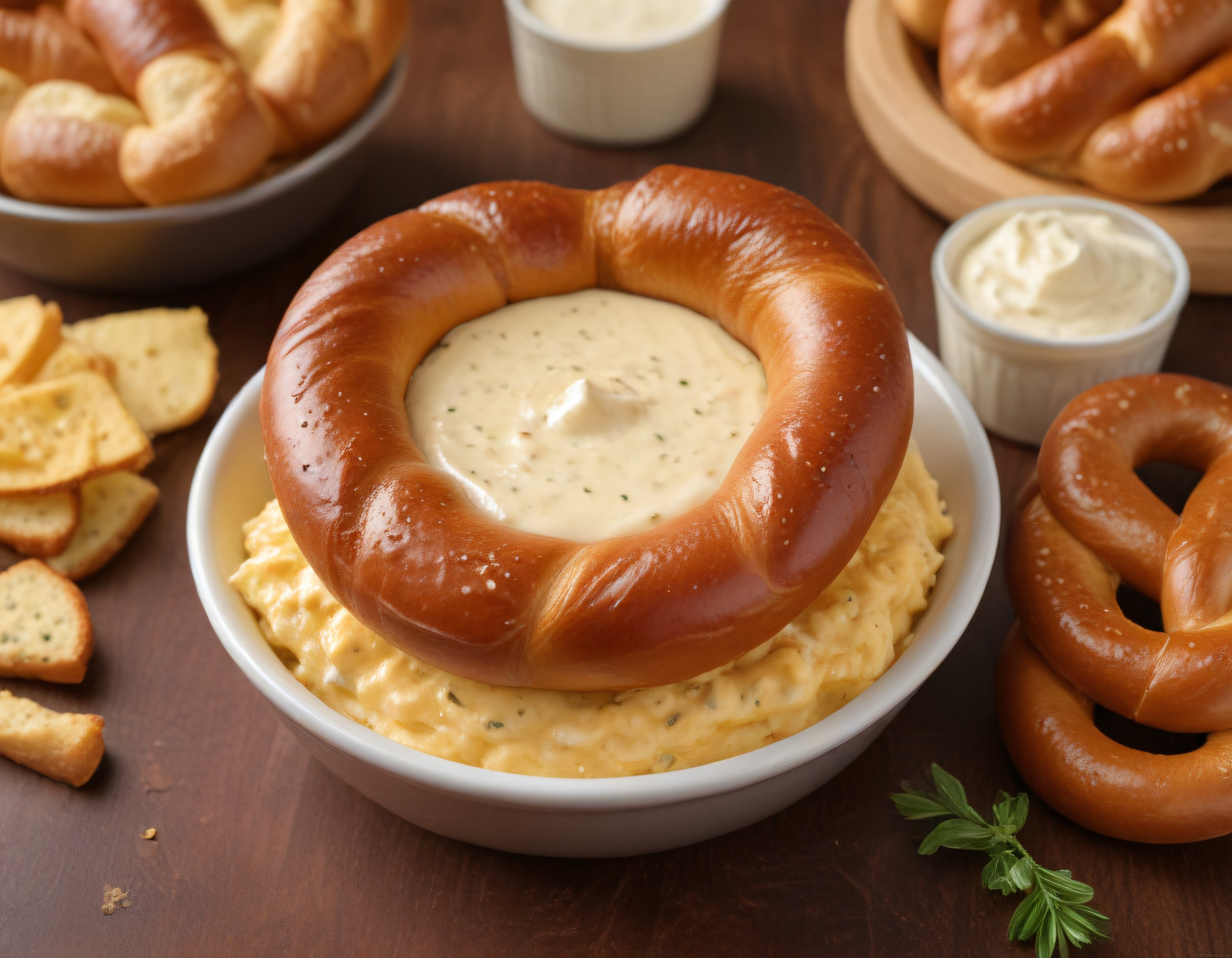 Taze Pretzel ve Kremalı Dip Soslarla Hazırlanmış Nefis Atıştırmalık Sunumu