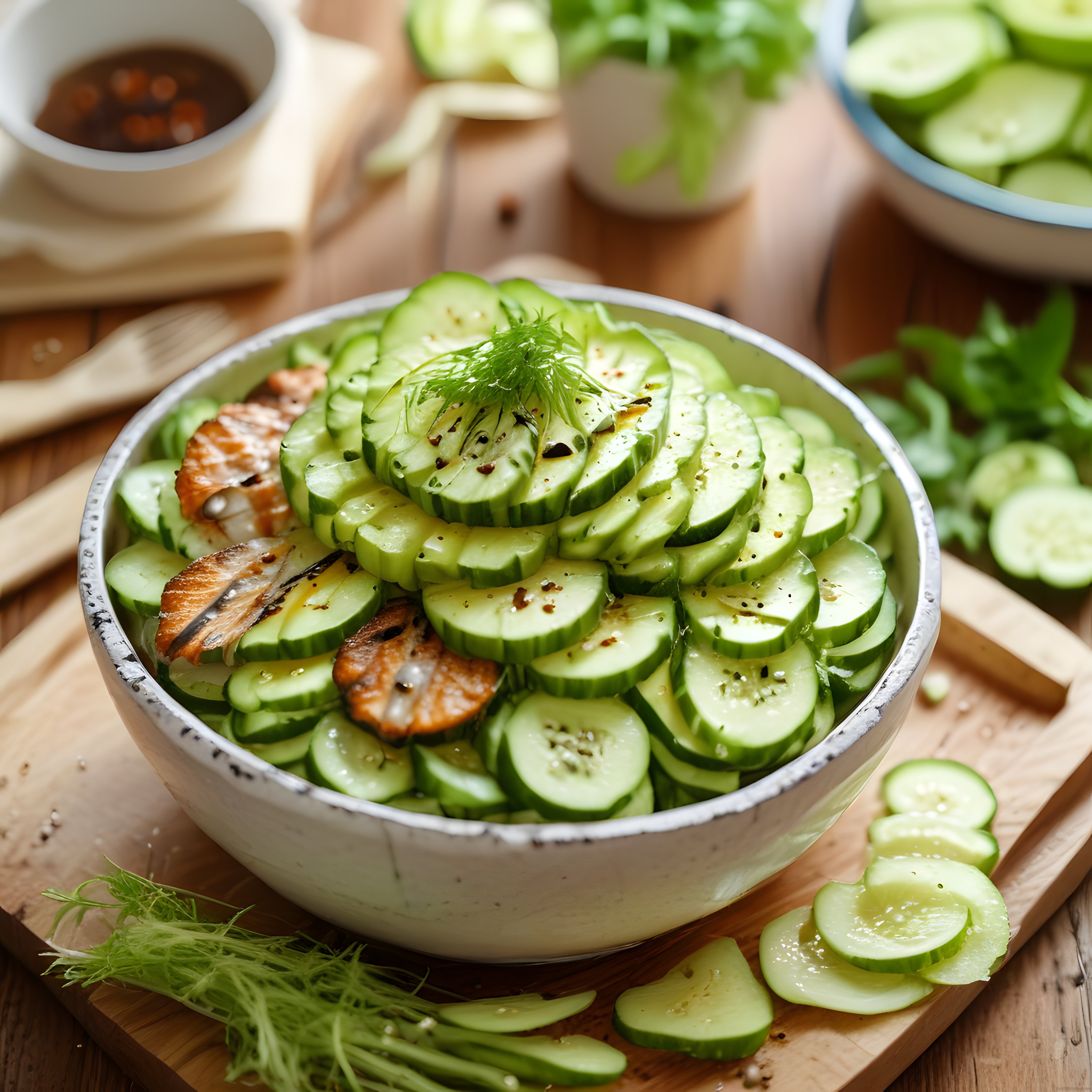 Taze salatalık dilimleri ve füme balıkla hazırlanan ferahlatıcı salata sunumu