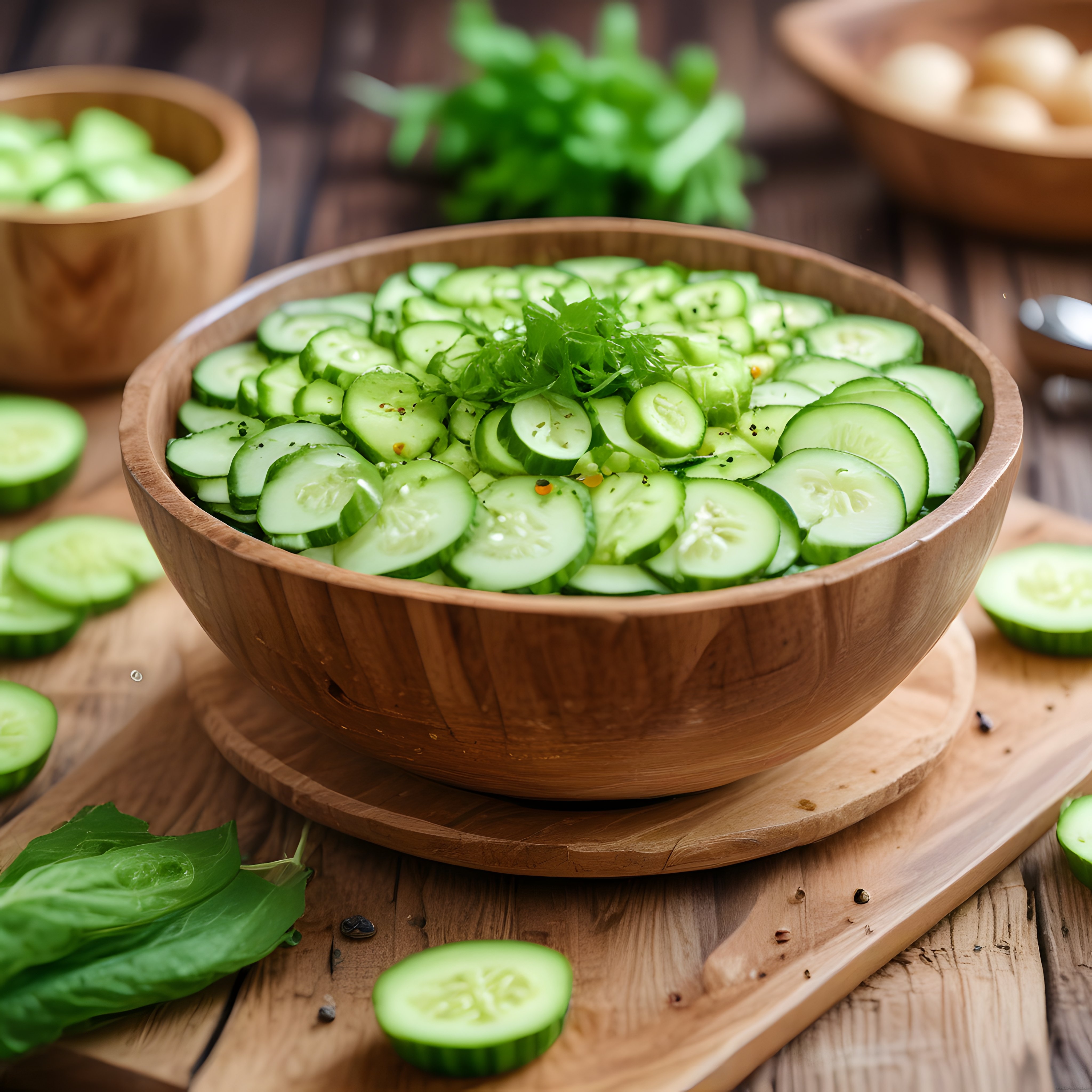 Taze Salatalık Dilimlerinden Oluşan Sağlıklı Salata ve Doğal Ahşap Sunum
