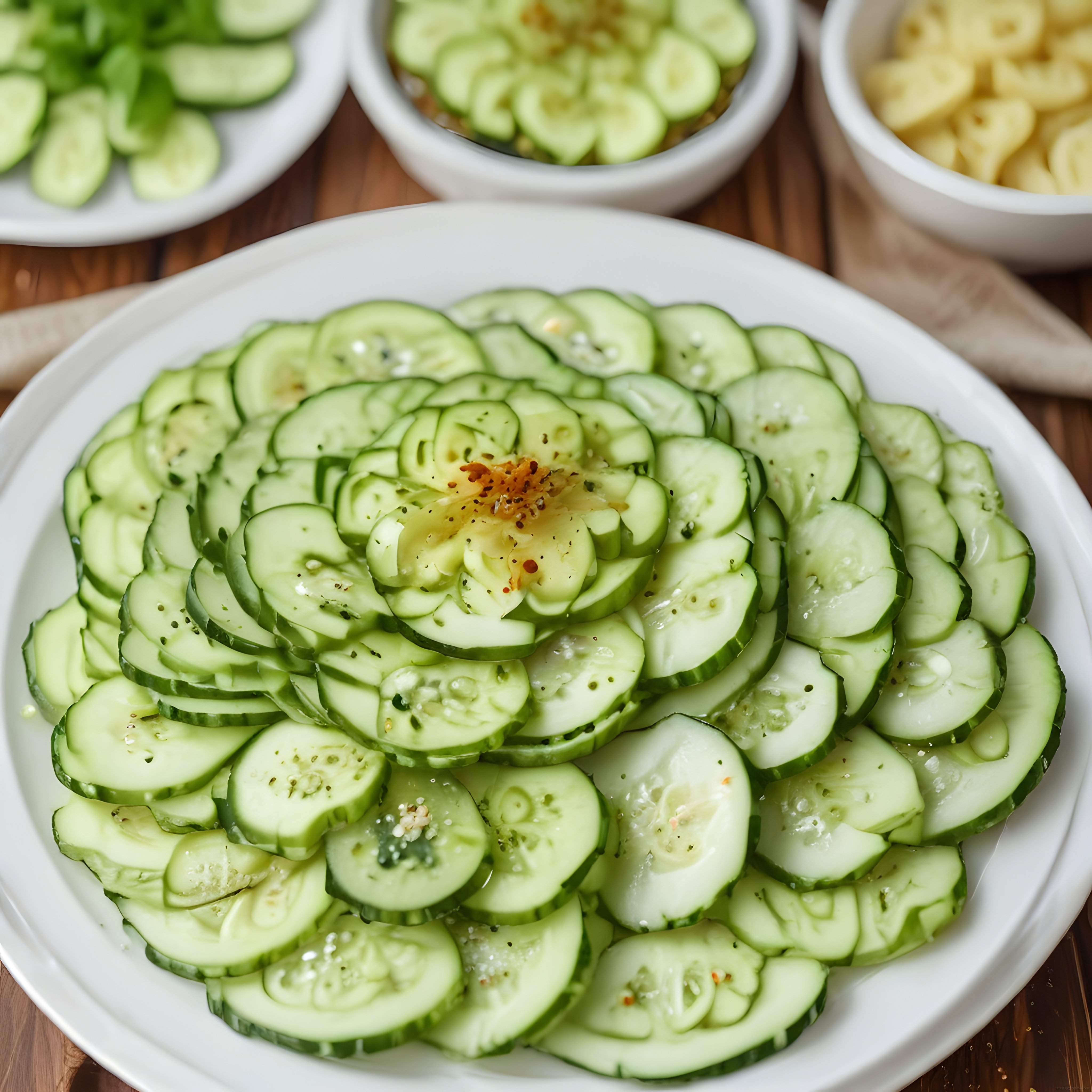 Taze salatalık dilimlerinin baharatla süslendiği hafif ve sağlıklı salata sunumu