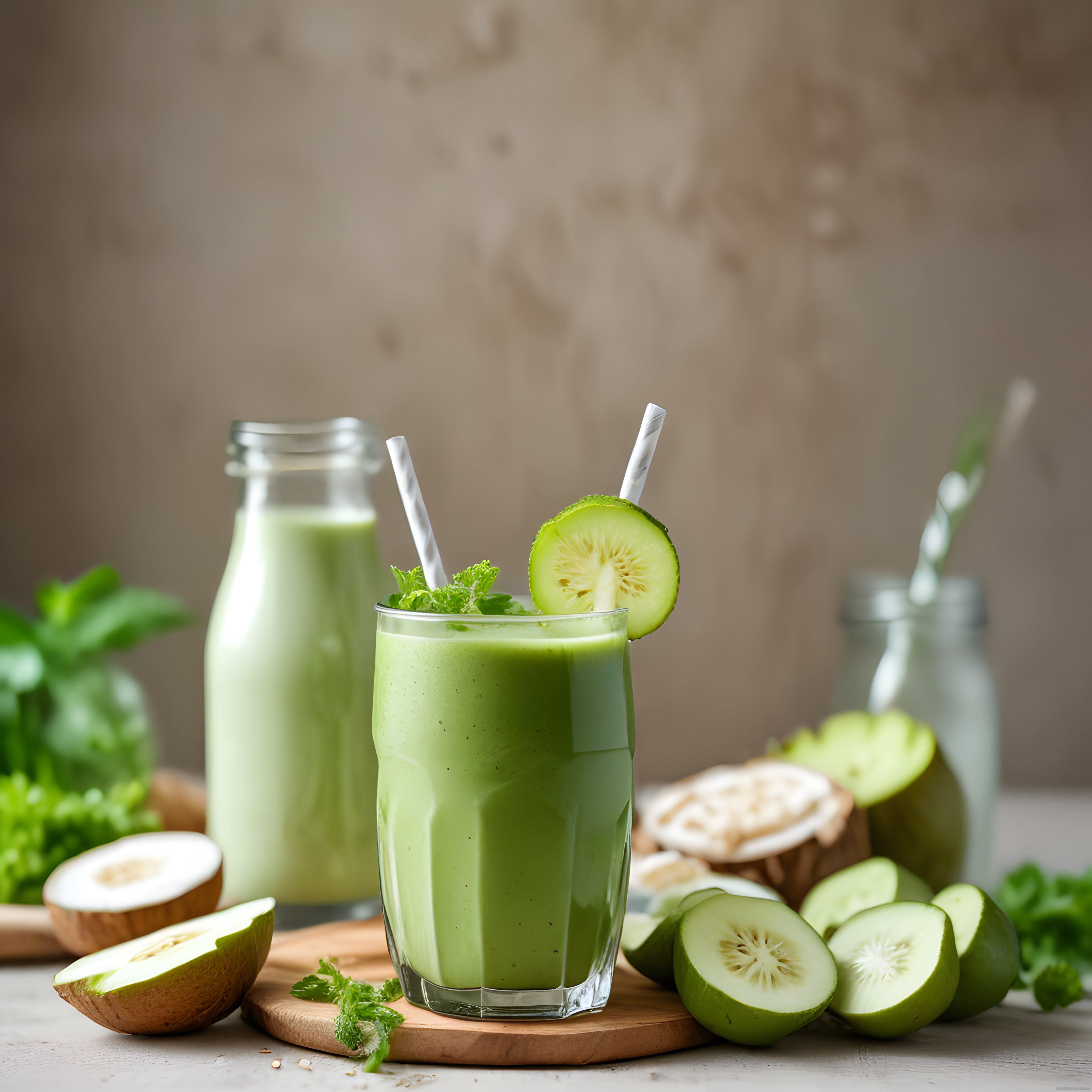 Taze salatalık dilimleriyle süslenmiş yeşil detoks smoothie ve Hindistan cevizi sunumu