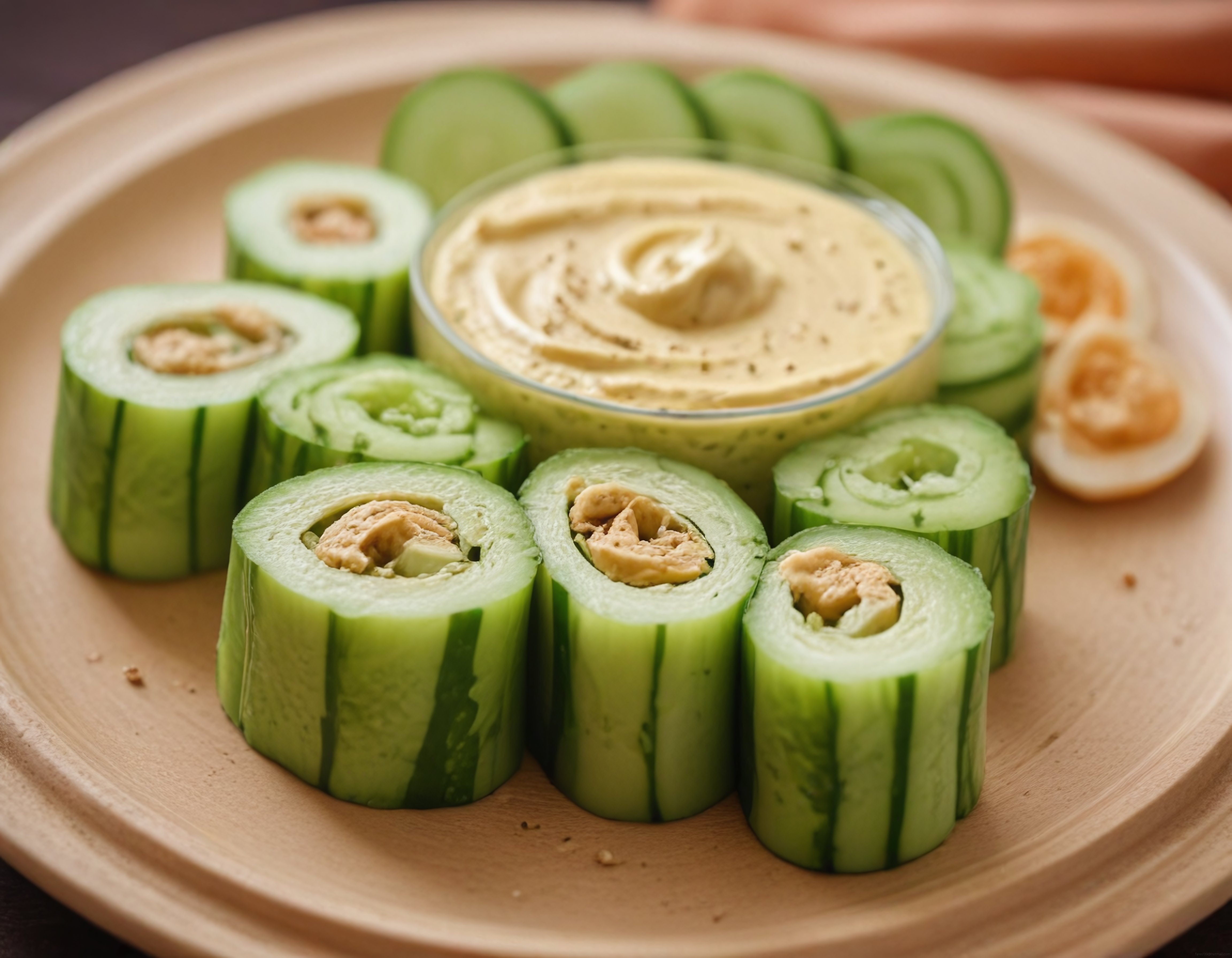 Taze Salatalık Ruloları ve Humus Sos ile Sağlıklı Atıştırmalık Sunumu