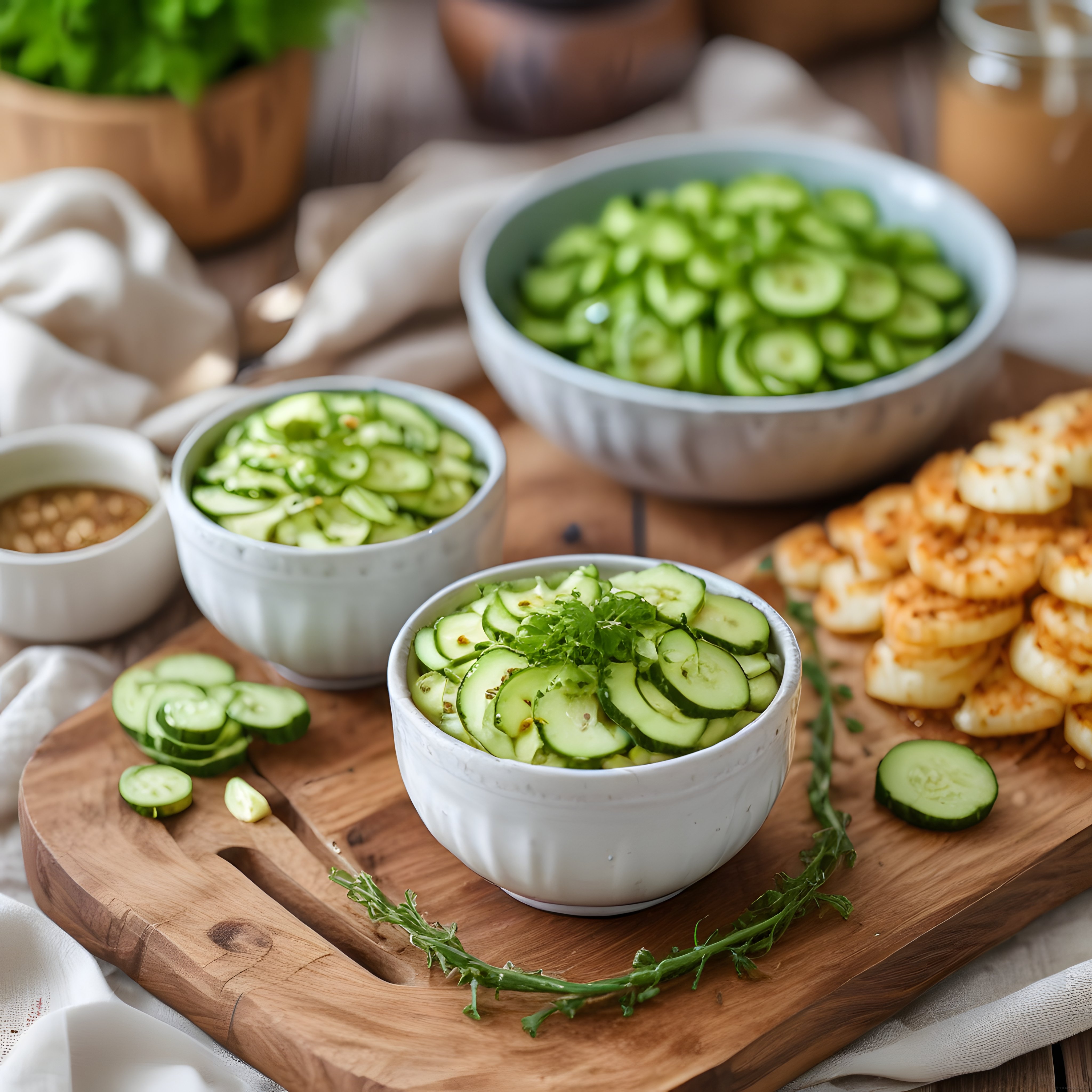 Taze Salatalık Salatası ve Kızarmış Ekmek ile Sağlıklı Mutfak Sunumu