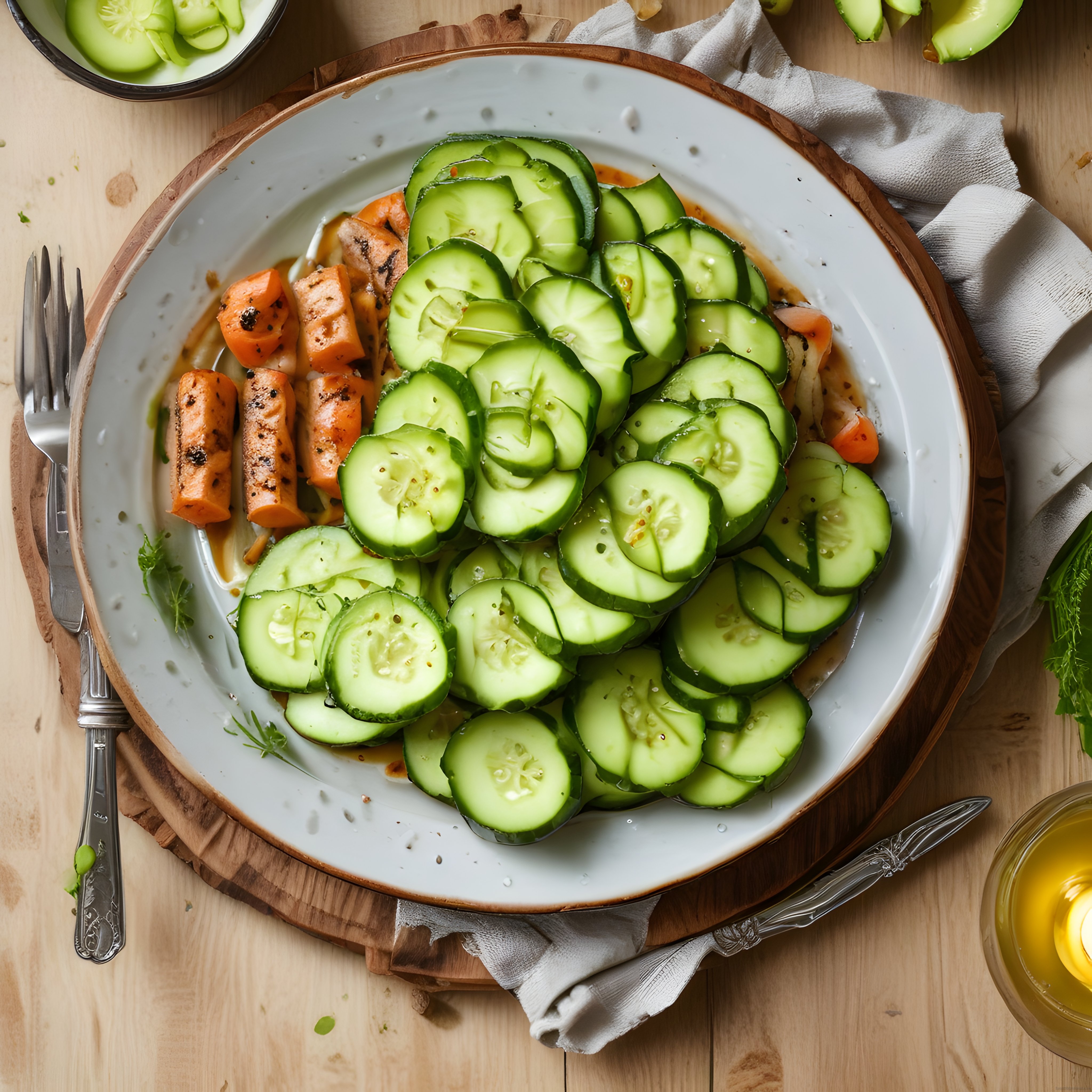 taze salatalık ve baharatlı havuç dilimleriyle sağlıklı salata sunumu
