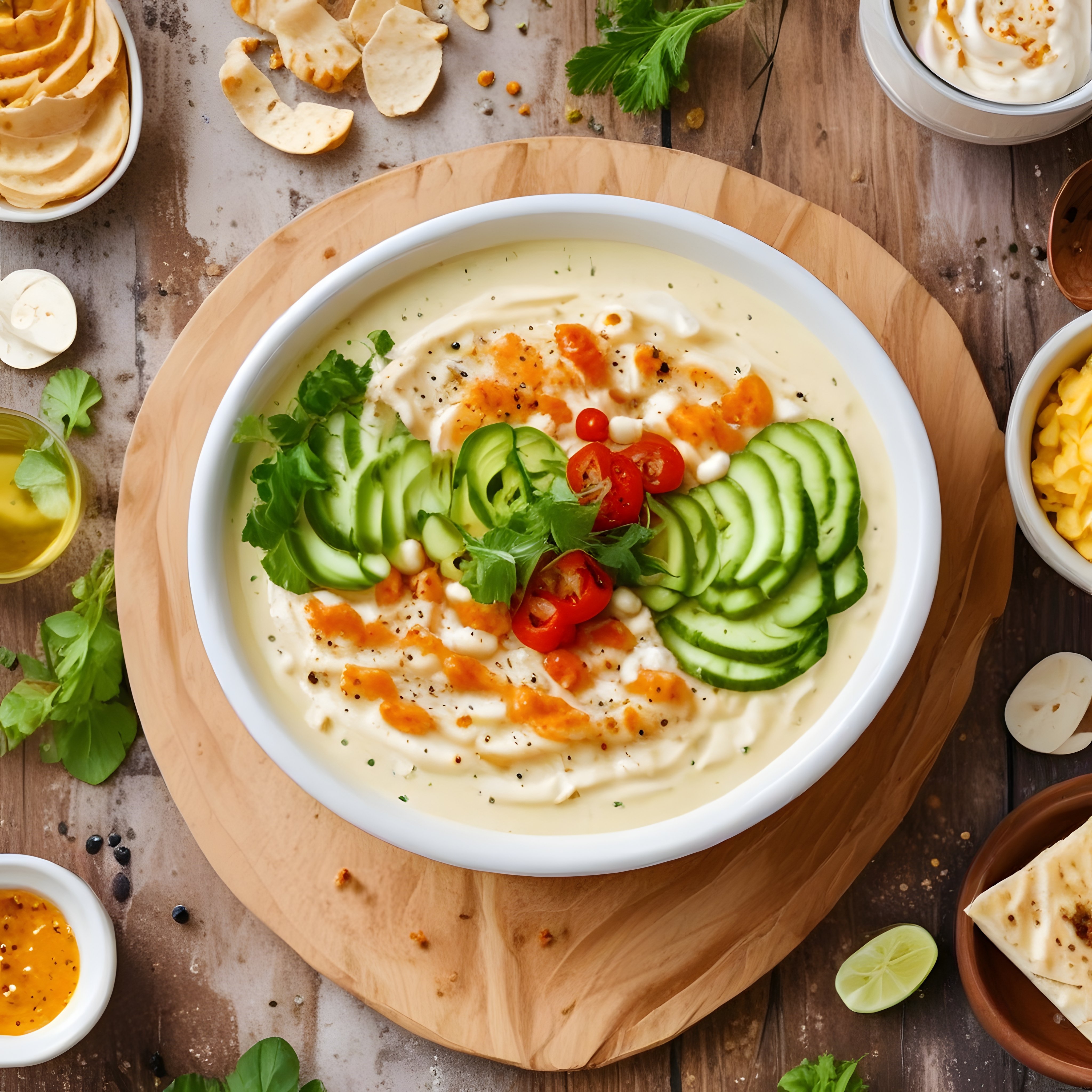 Taze Sebze ve Baharatlarla Süslenmiş Ev Yapımı Humus Kasesi ve Kahvaltı Sunumu
