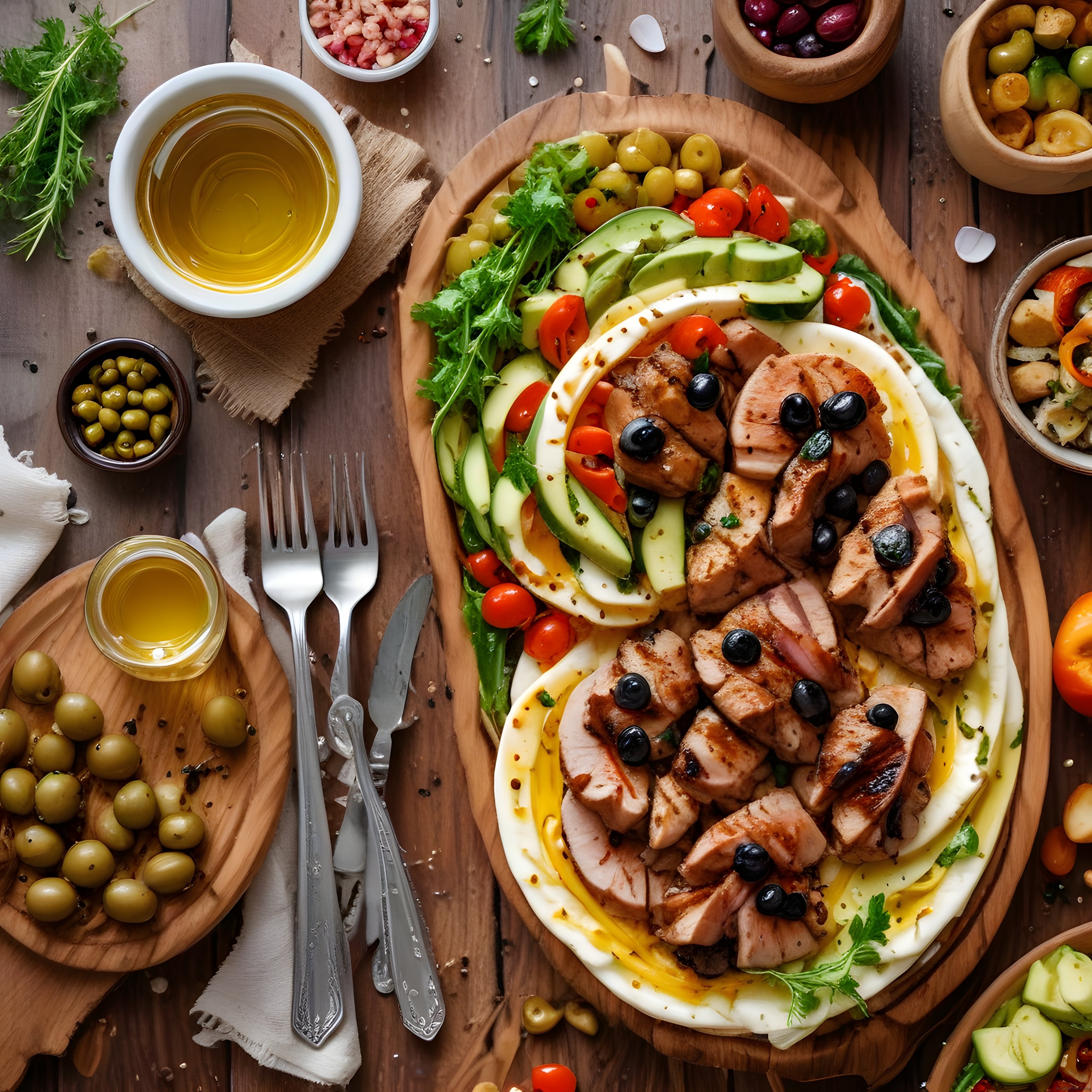 Taze sebzeler, avokado ve ızgara tavuklu sağlıklı kahvaltı tabağı ahşap sunumda